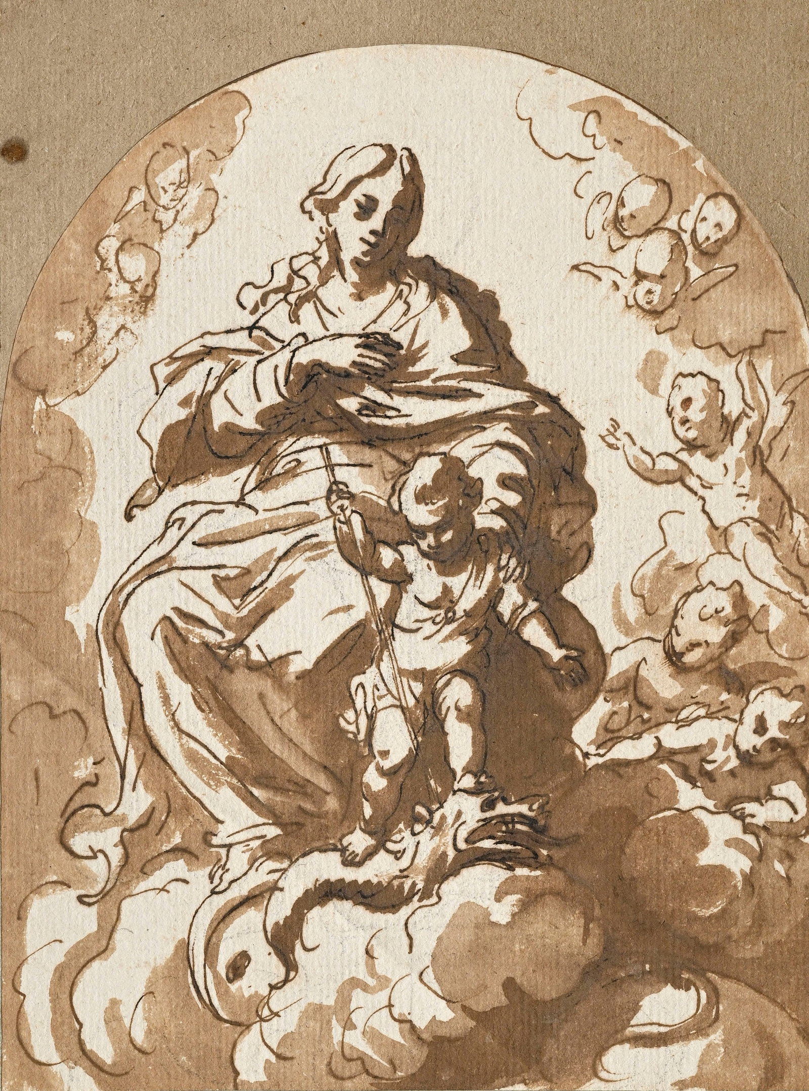 Ecole italienne du XVIIIe s., "La _Vierge à l’Enfant terrassant le Dragon",_ plume, encre - 3