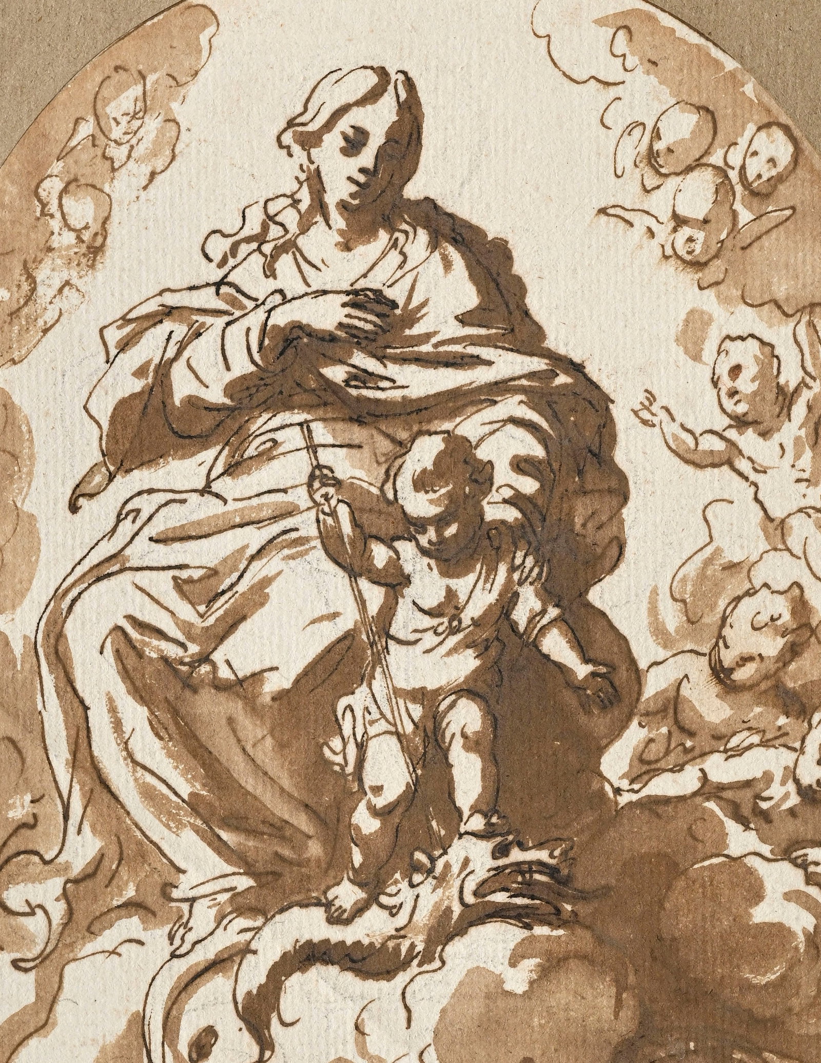 Ecole italienne du XVIIIe s., "La _Vierge à l’Enfant terrassant le Dragon",_ plume, encre - 4