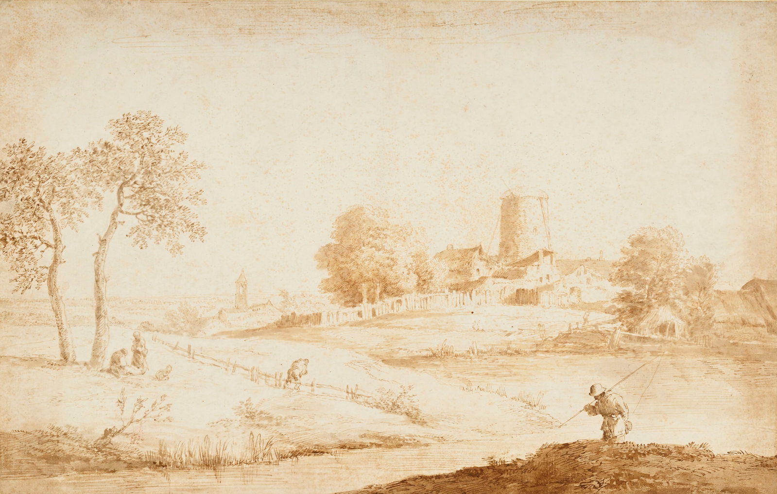 Marco Ricci (1676/79-1729/30), "Paysage avec une rivière et un moulin au loin", encre brune, la: Marco Ricci (1676/79-1729/30), "Paysage avec une rivière et un moulin au loin", encre brune, lavis et plume sur papier, 30,5x48,2 cm