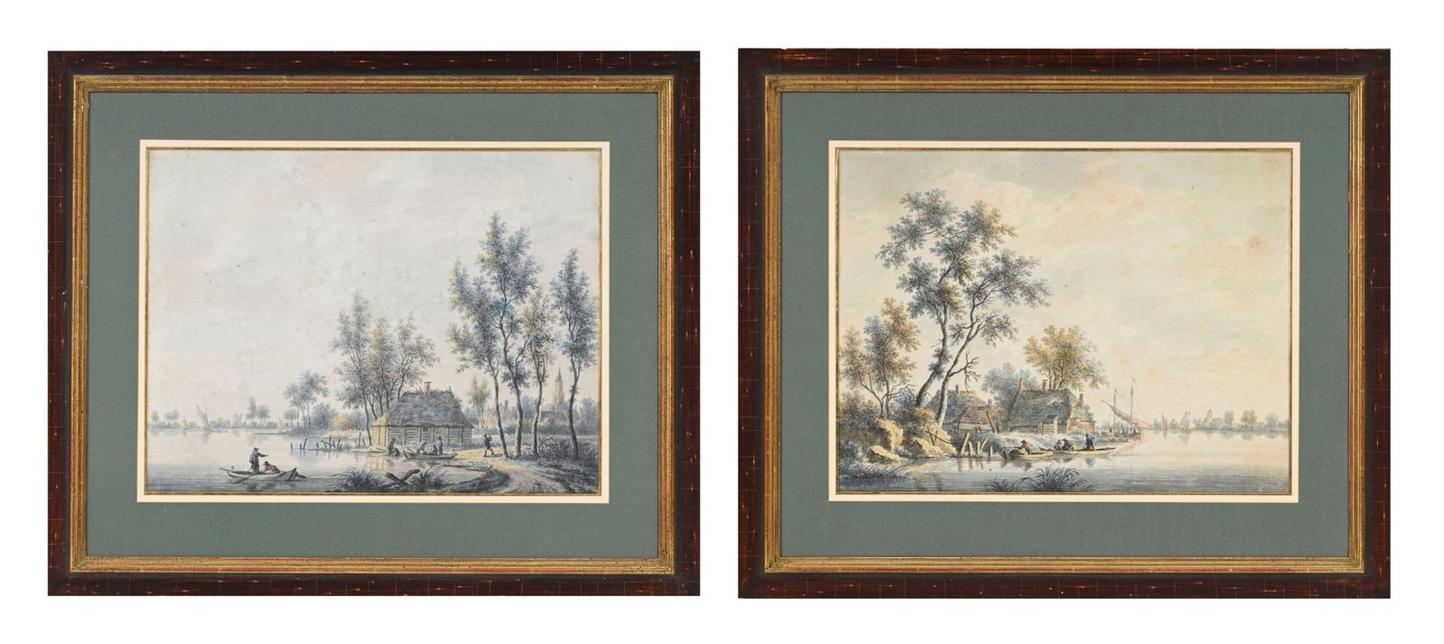 Andries Vermeulen (1763-1814), Paysages animés avec pêcheurs, paire d'aquarelles sur papie: Andries Vermeulen (1763-1814), Paysages animés avec pêcheurs, paire d'aquarelles sur papier, signées, annotations au verso, 39,5x52,5 cm (chaque) Condition Rousseurs