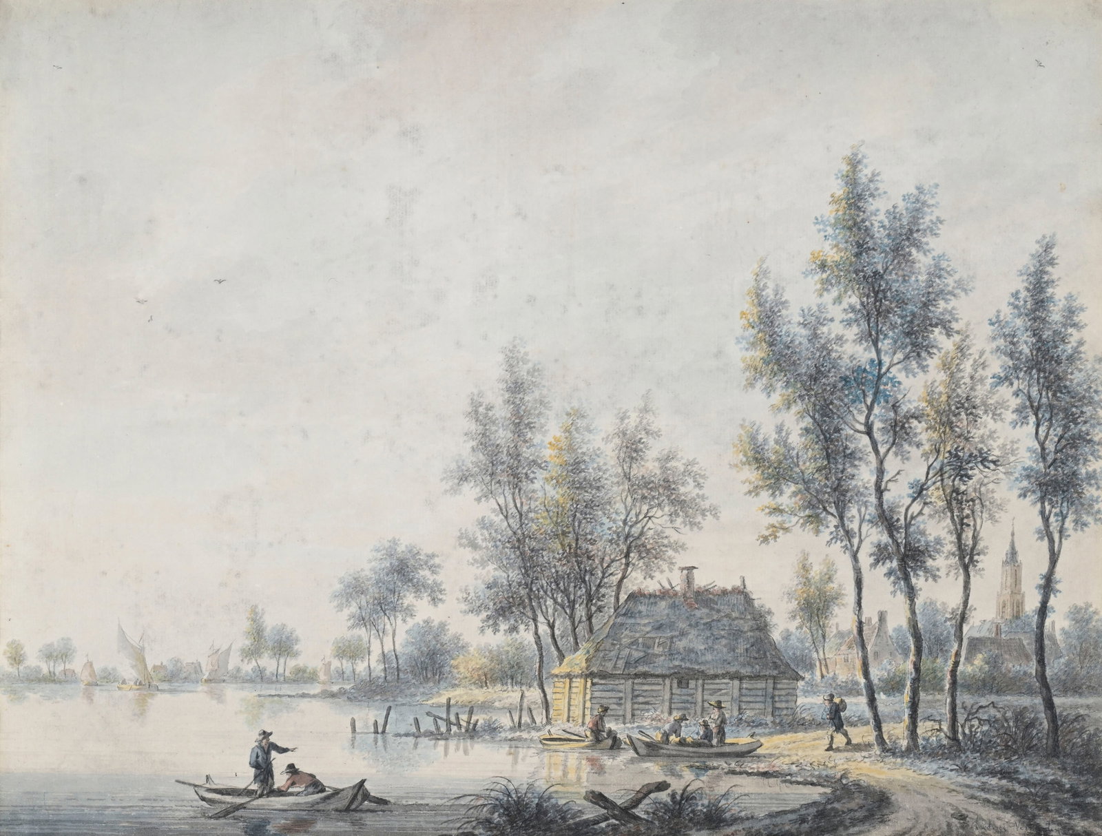 Andries Vermeulen (1763-1814), Paysages animés avec pêcheurs, paire d'aquarelles sur papie - 4