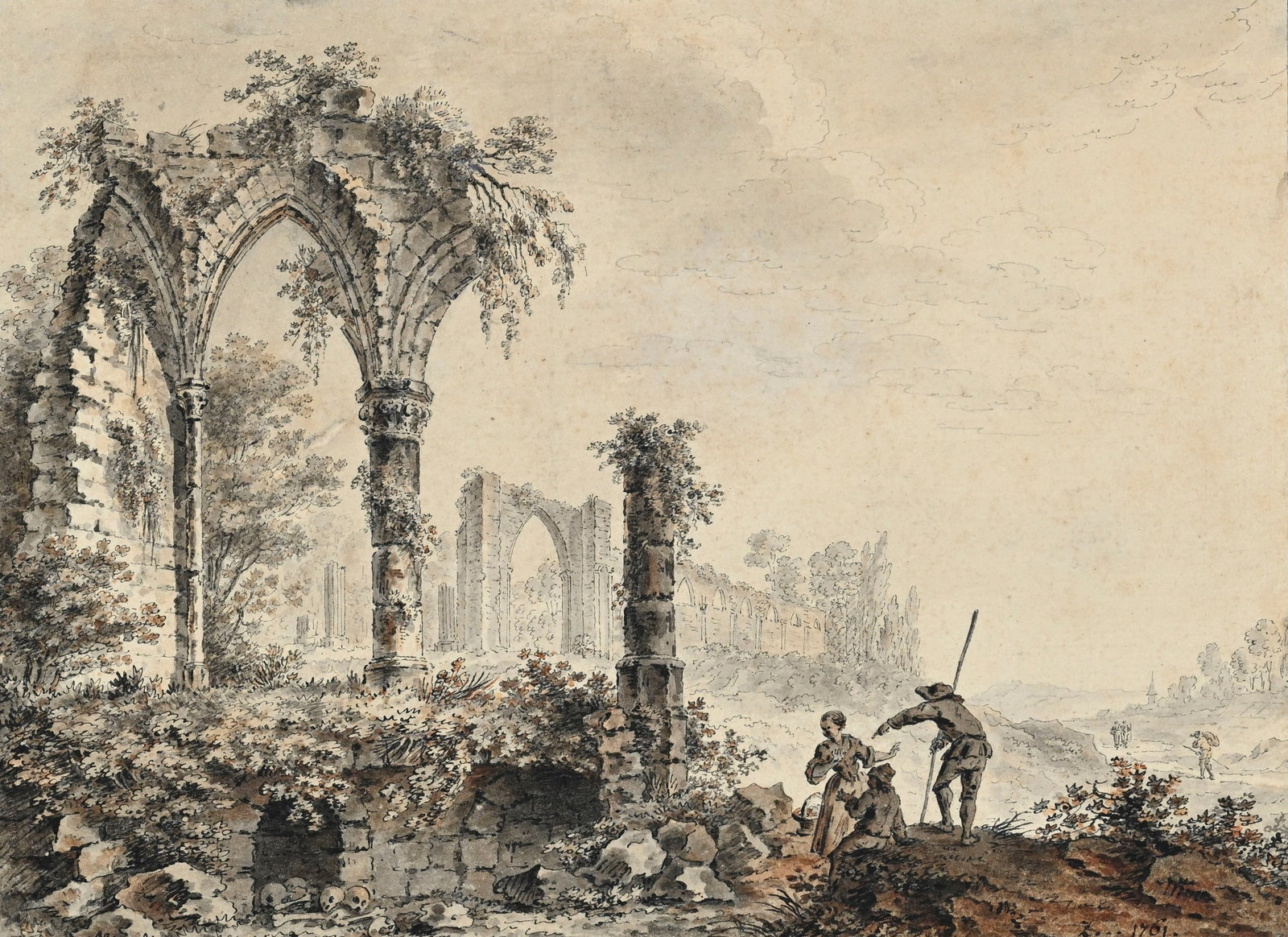 Adrian Zingg (1734-1816), attribué à, Paysage de ruines animé, 1761, plume, encre de  (1 of 5)