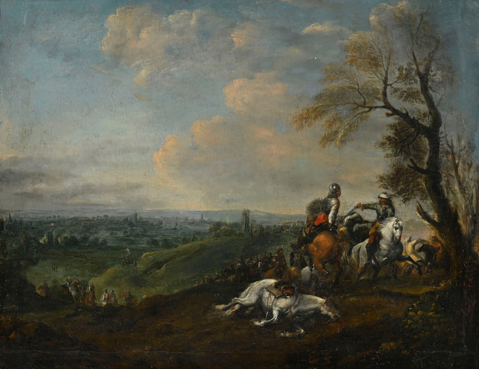 Jacques Courtois (1621-1676), école de, Scène de bataille, XVIIIe, huile sur toile, 60,5x7: Jacques Courtois (1621-1676), école de, Scène de bataille, XVIIIe, huile sur toile, 60,5x76 cm Provenance: Famille patricienne genevoise, depuis 1950