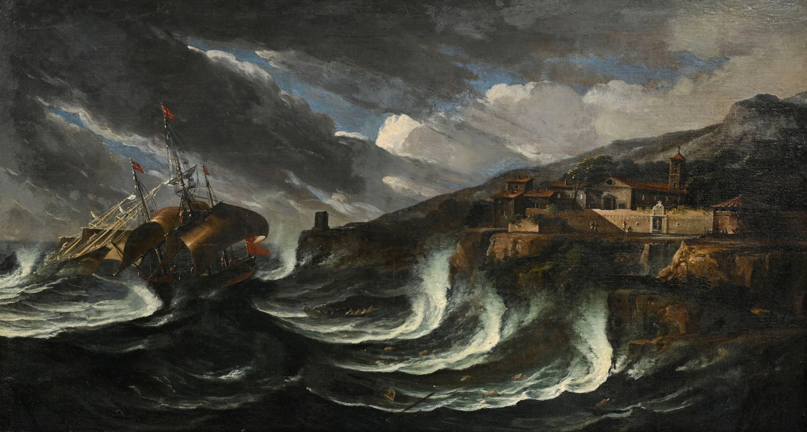 Ecole européenne du XVIIIe s., Marine tempêtueuse, huile sur toile, monogrammée "H.R.: Ecole européenne du XVIIIe s., Marine tempêtueuse, huile sur toile, monogrammée "H.R.", 72,5x133,5 cm
