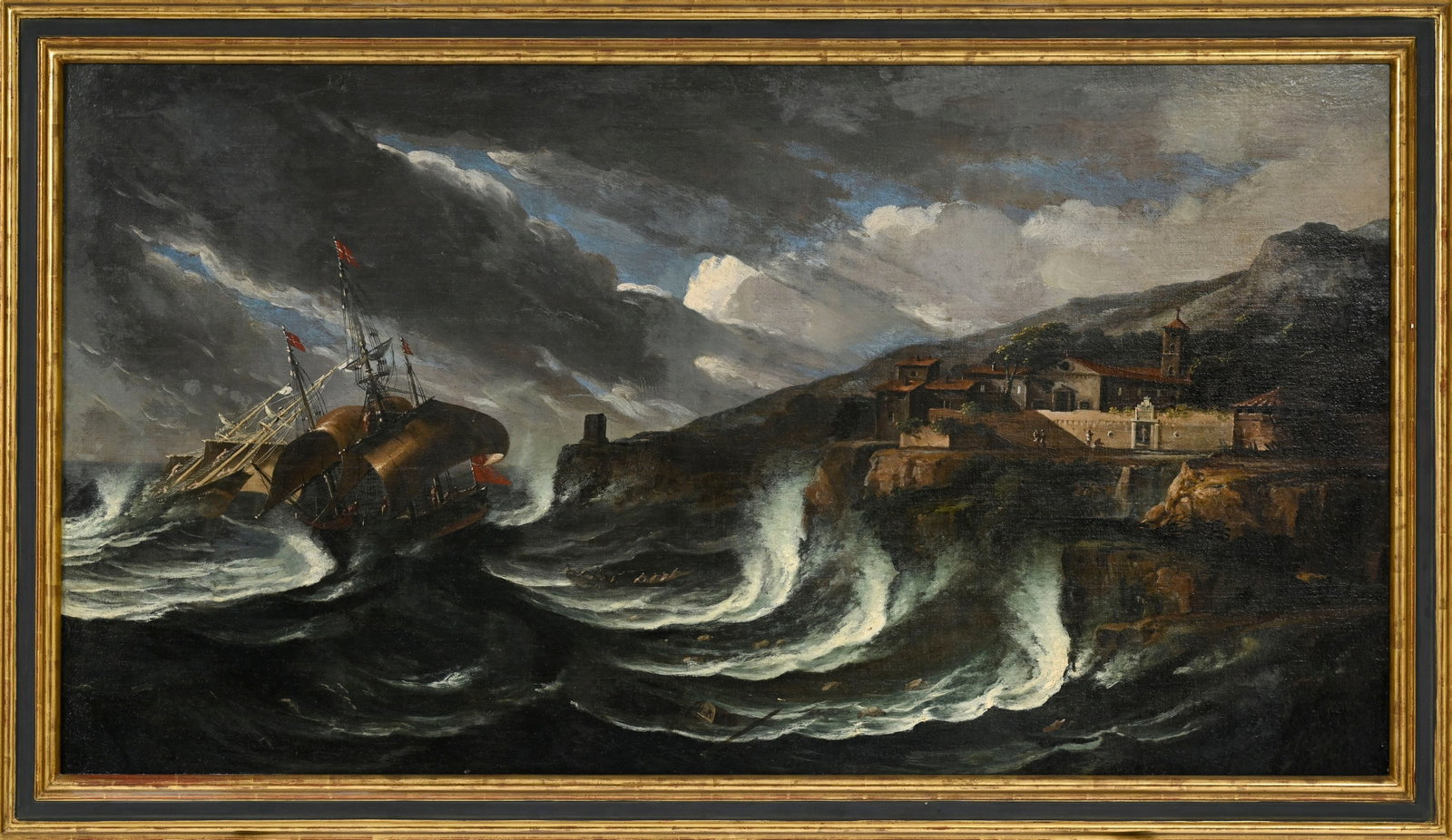 Ecole européenne du XVIIIe s., Marine tempêtueuse, huile sur toile, monogrammée "H.R. - 2