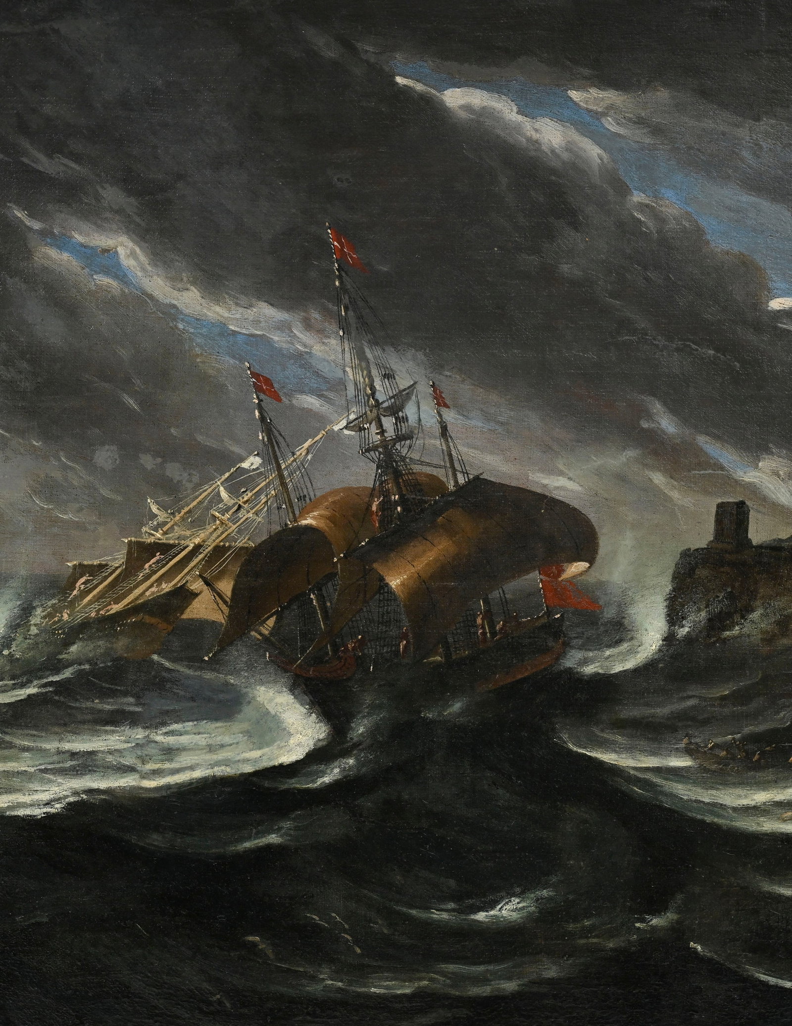 Ecole européenne du XVIIIe s., Marine tempêtueuse, huile sur toile, monogrammée "H.R. - 3