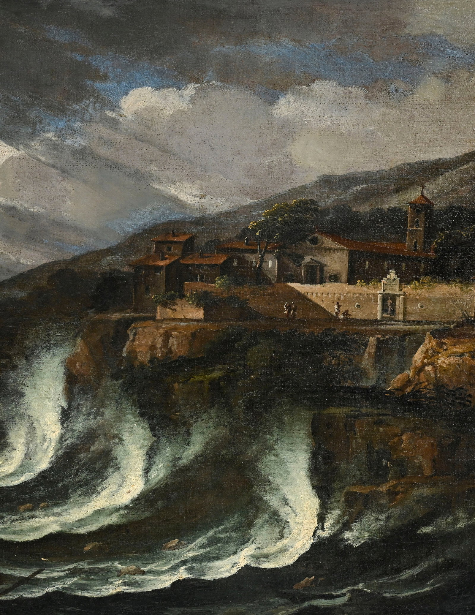Ecole européenne du XVIIIe s., Marine tempêtueuse, huile sur toile, monogrammée "H.R. - 4