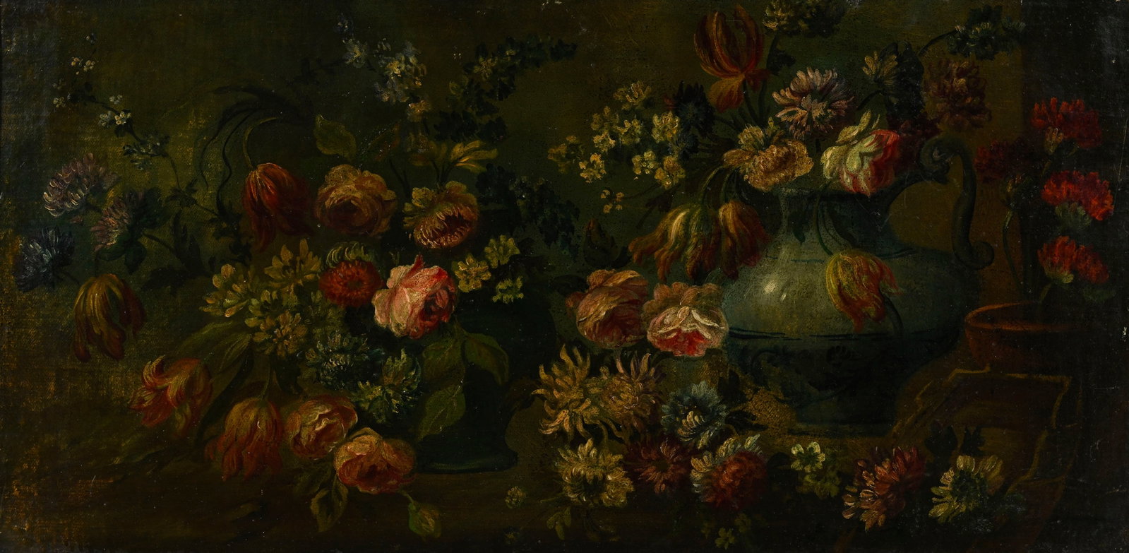 Ecole française vers 1800, Nature morte aux vases de fleurs, huile sur toile, 38x76 cm: Ecole française vers 1800, Nature morte aux vases de fleurs, huile sur toile, 38x76 cm