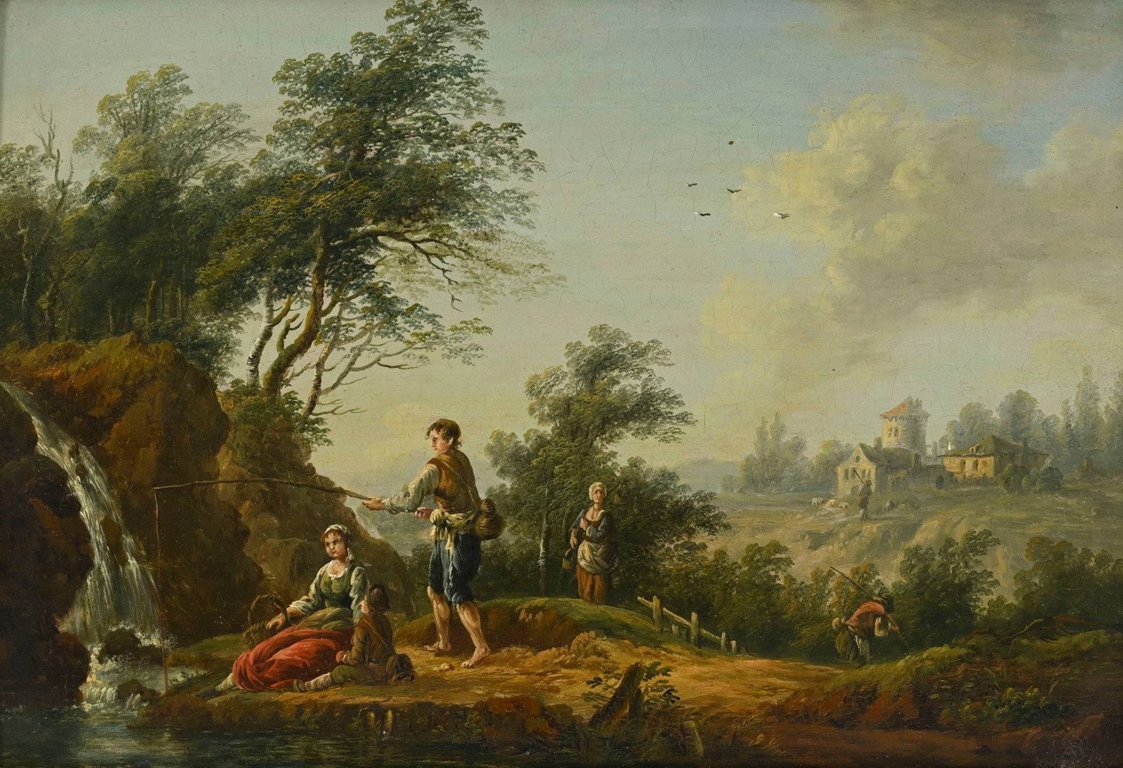 Ecole française du XVIIIe s., Paysage animé à la cascade, huile sur panneau, 23,5x34,: Ecole française du XVIIIe s., Paysage animé à la cascade, huile sur panneau, 23,5x34,5 cm