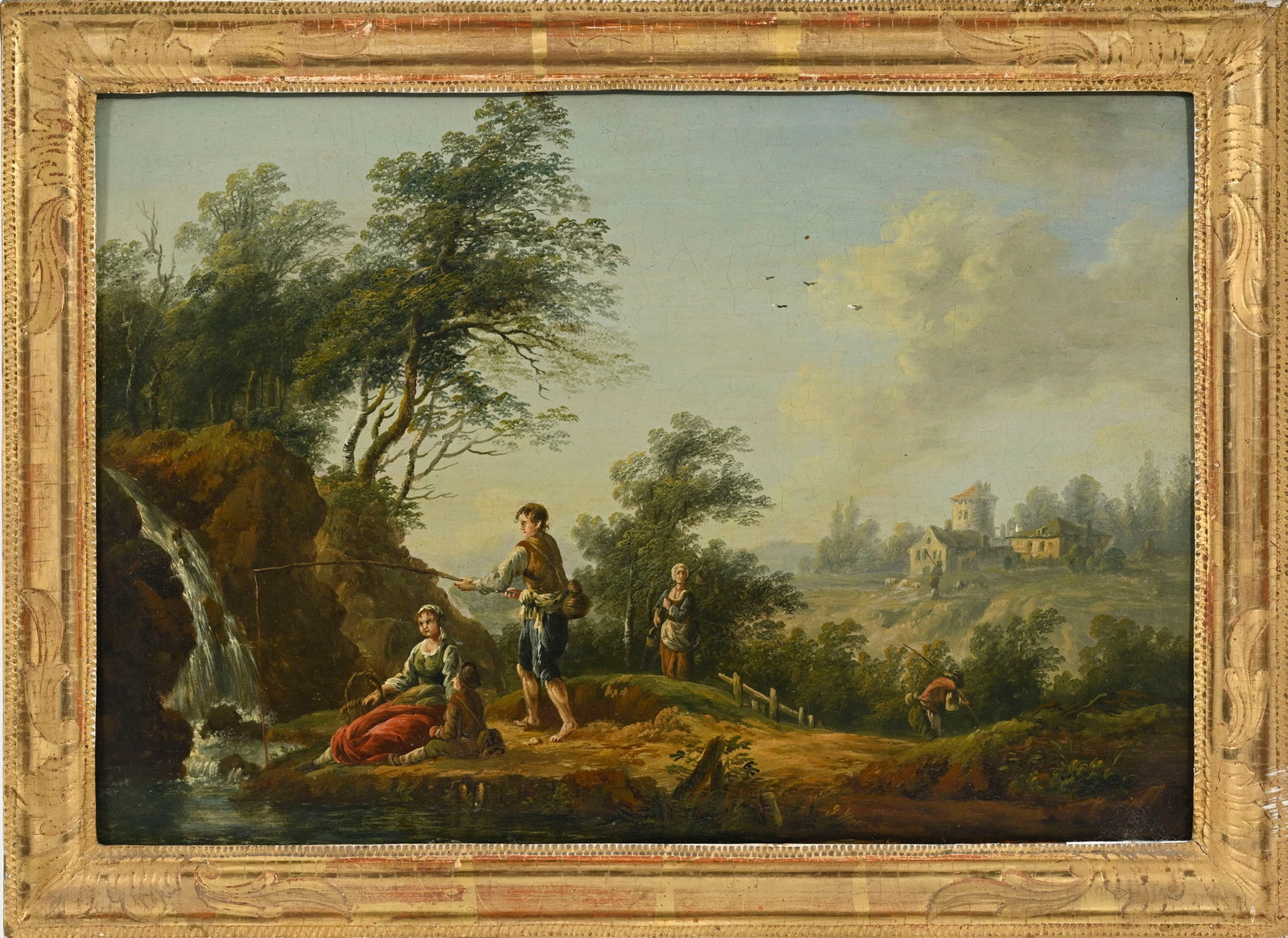 Ecole française du XVIIIe s., Paysage animé à la cascade, huile sur panneau, 23,5x34, - 2