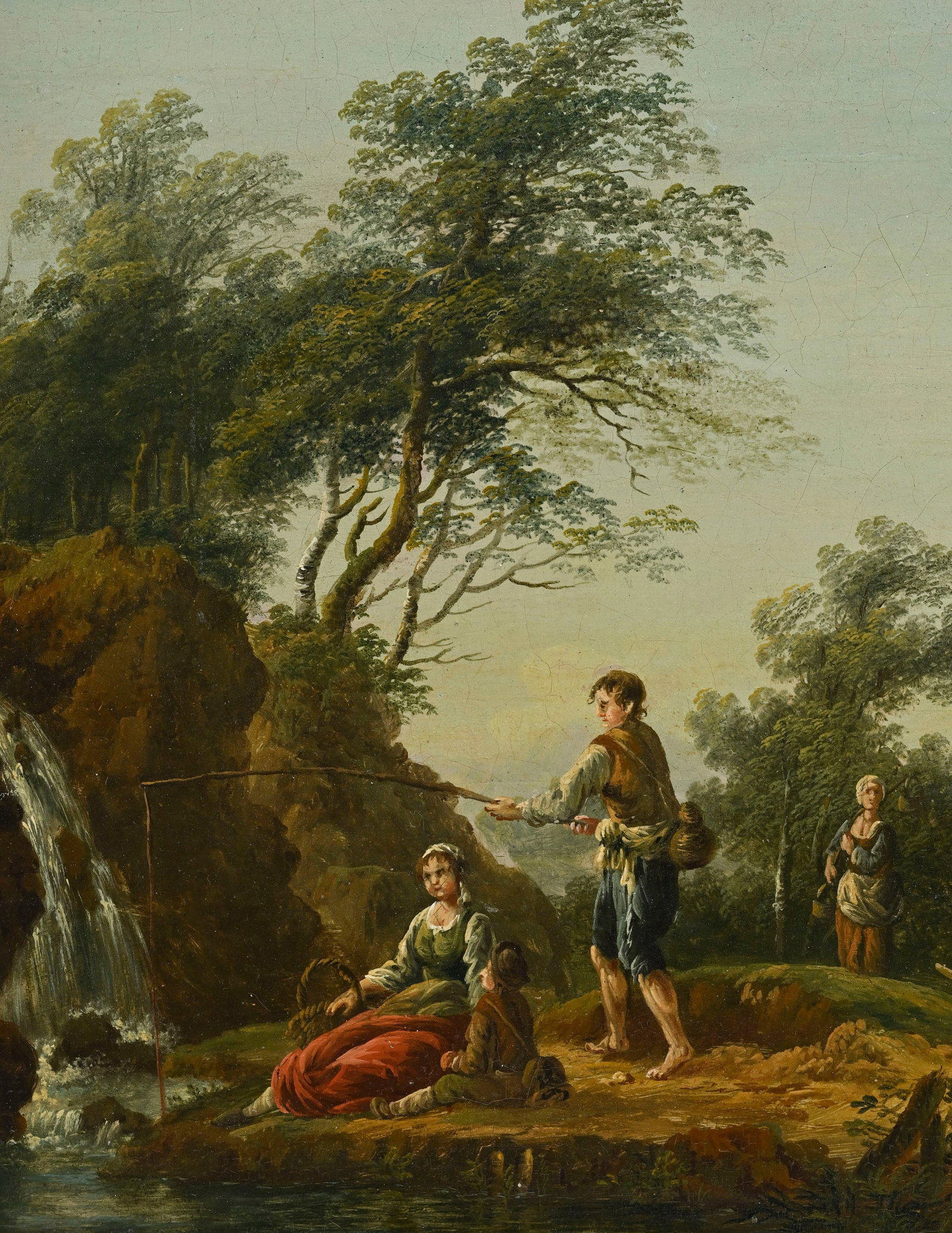 Ecole française du XVIIIe s., Paysage animé à la cascade, huile sur panneau, 23,5x34, - 3