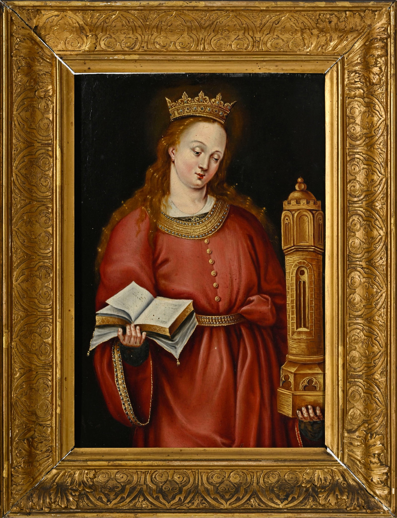 Ecole germanique du XVIIe s., Sainte Barbe, huile sur panneau, 36x24,5 cm - 2