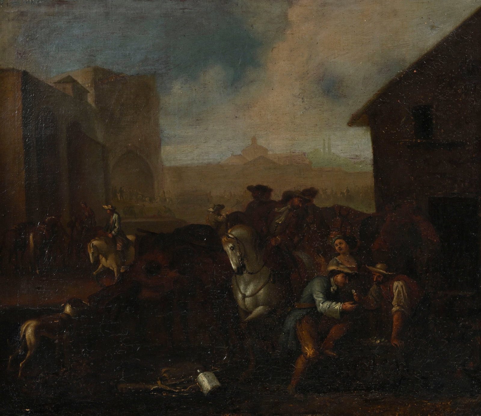 Ecole hollandaise du XVIIIe s., Scène de genre urbaine, huile sur toile, 61,5x73,5 cm: Ecole hollandaise du XVIIIe s., Scène de genre urbaine, huile sur toile, 61,5x73,5 cm
