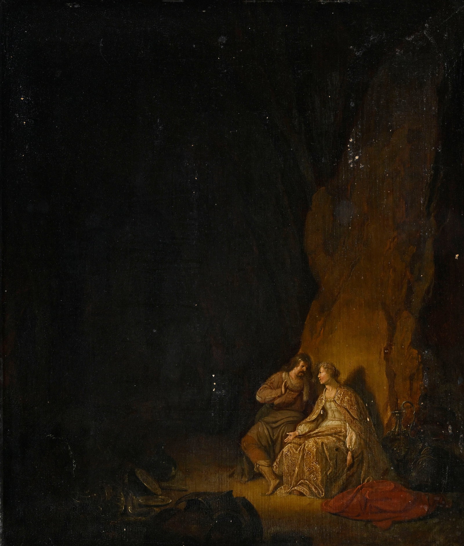 Ecole hollandaise du XVIIIe s., Loth et l'une de ses filles, huile sur panneau, 34,5x29 cm Au v: Ecole hollandaise du XVIIIe s., Loth et l'une de ses filles, huile sur panneau, 34,5x29 cm Au verso: Cachet de cire non identifié