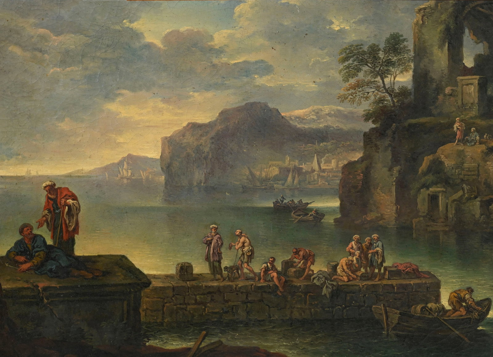 Ecole italienne du XVIIIe s., Scène de port, huile sur toile, 60,5x82,5 cm: Ecole italienne du XVIIIe s., Scène de port, huile sur toile, 60,5x82,5 cm