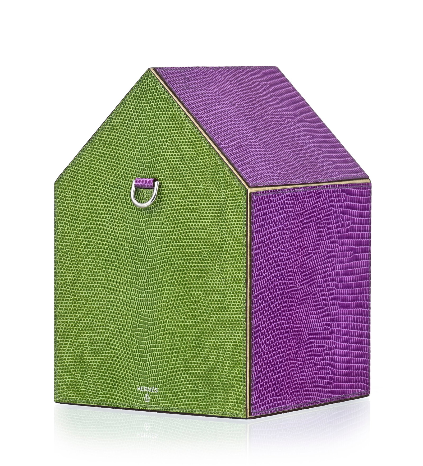Hermès, boîte à mouchoirs en forme de nichoir, gainé de lézard Varan vert e - 5