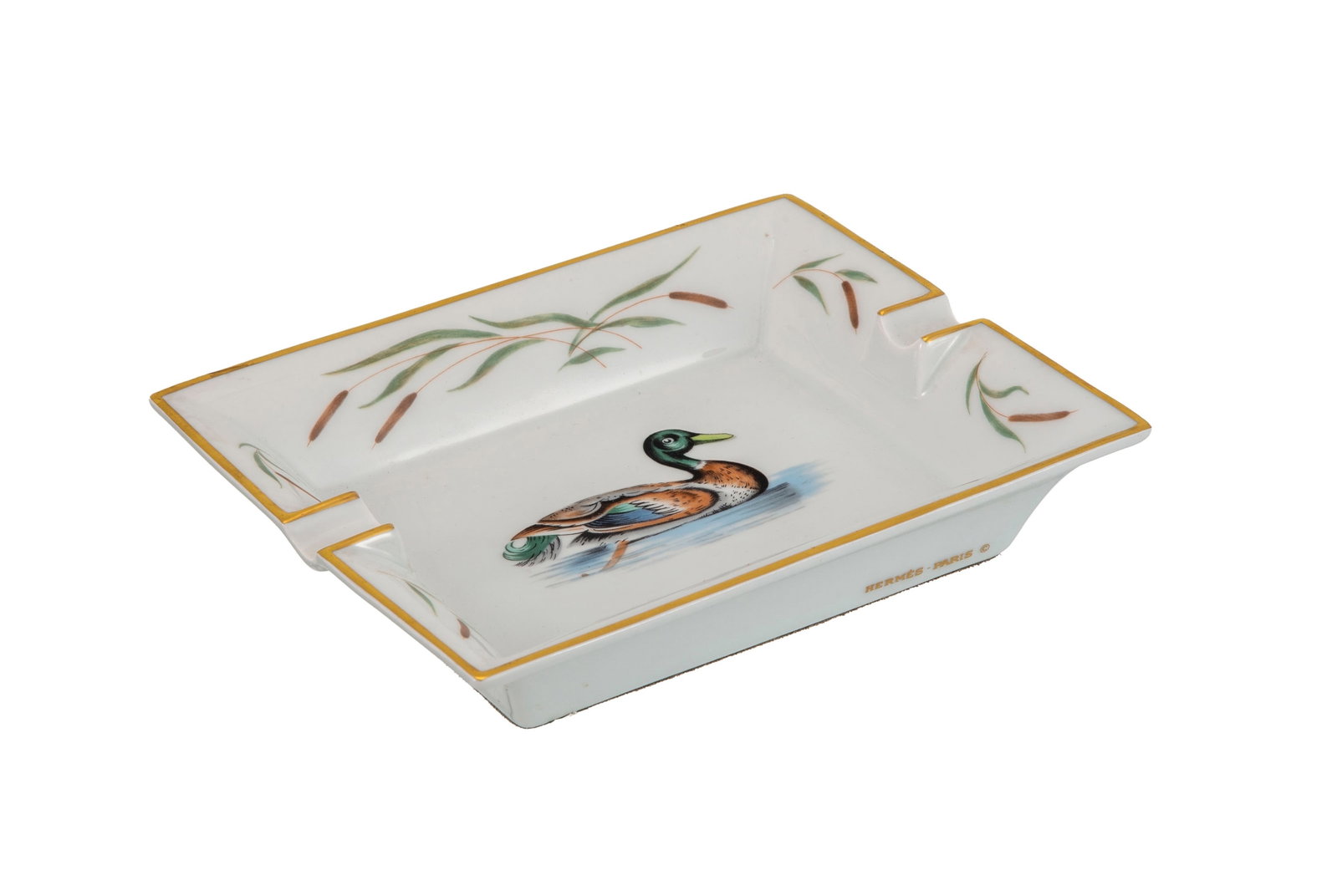 HERMÈS. Vide-poche cendrier en porcelaine, Paris, à décor de canard, 19,8x16 cm - 2