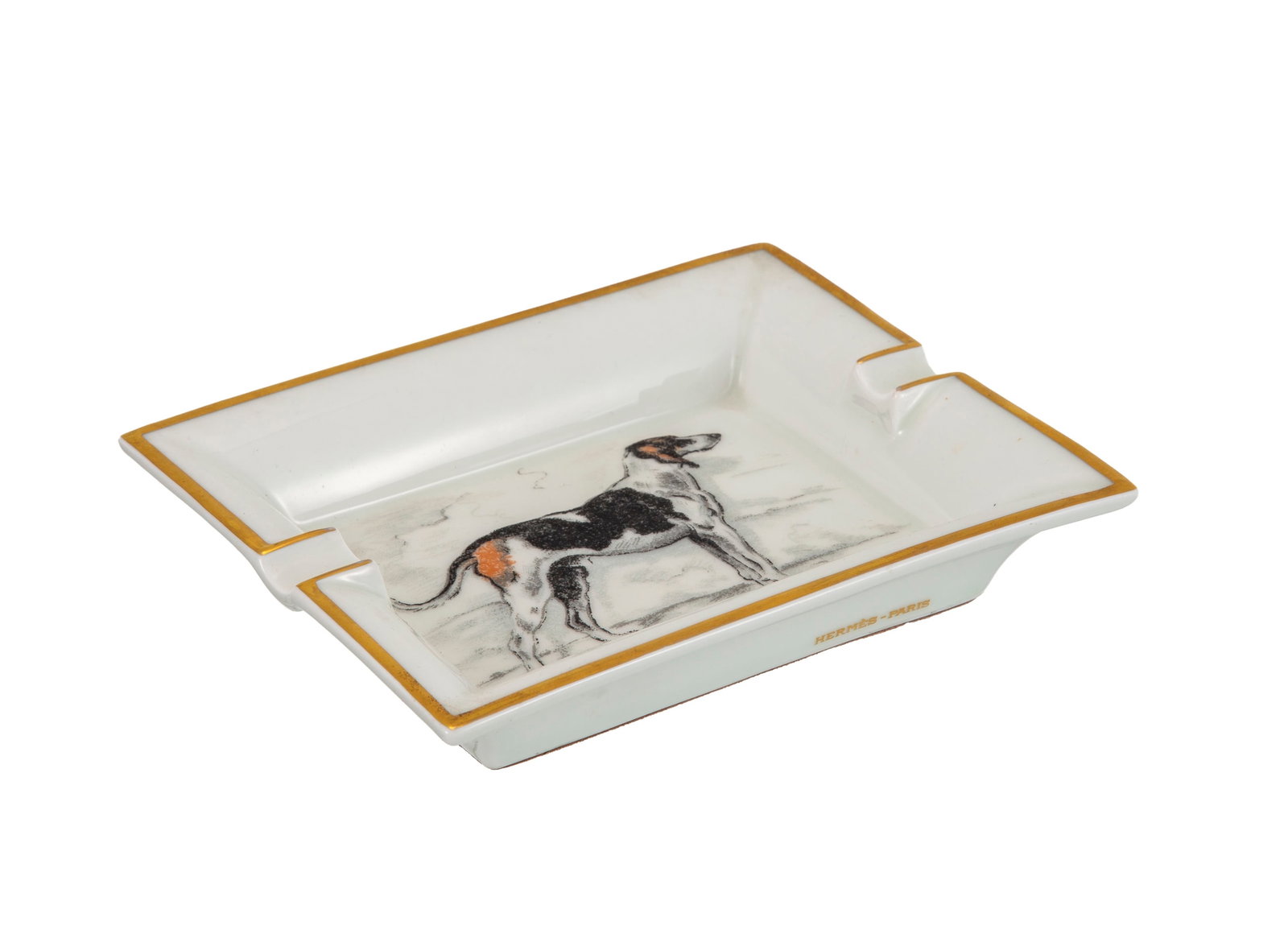 HERMÈS. Vide-poche cendrier en porcelaine, Paris, à décor de chien, 19,2x15,5 cm - 2