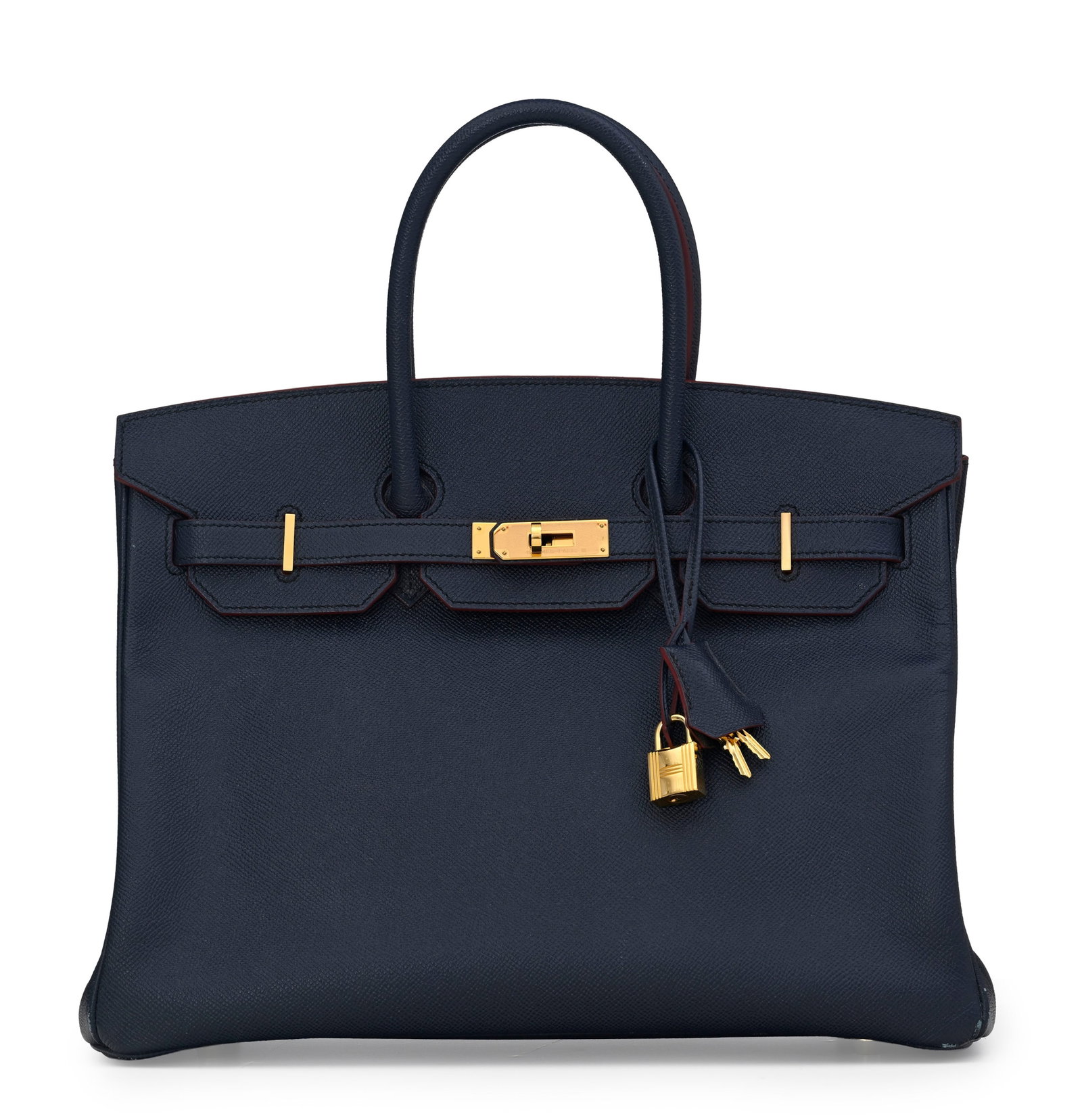 Hermès, sac Birkin 35 Contour en cuir Epsom bleu Indigo et finition rouge, année 2016 : Hermès, sac Birkin 35 Contour en cuir Epsom bleu Indigo et finition rouge, année 2016 édition limitée, bouclerie plaquée or, tirette et clochette avec 2 clefs et cadenas,