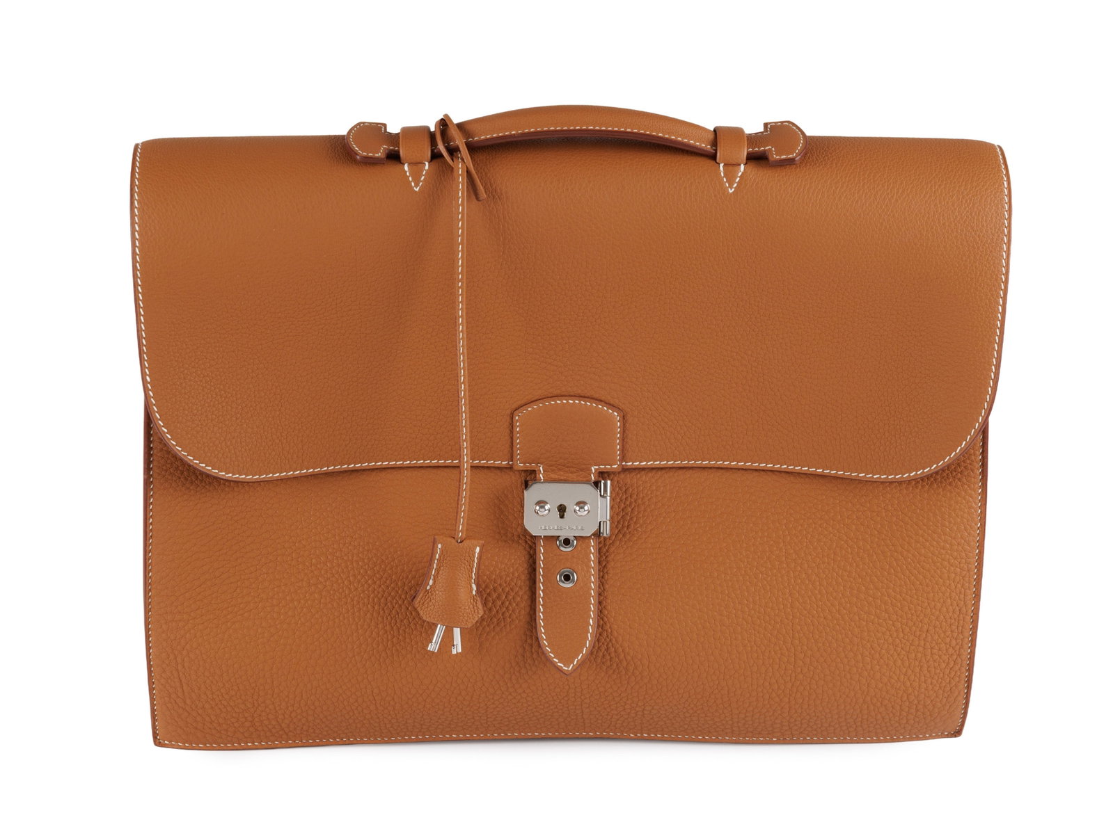 Hermès, sac à dépêches en cuir Togo Gold, année 2002, à 3 soufflets, p: Hermès, sac à dépêches en cuir Togo Gold, année 2002, à 3 soufflets, piqué sellier blanc, fermoir de couleur palladium, tirette et clochette avec 2 clefs, housse,