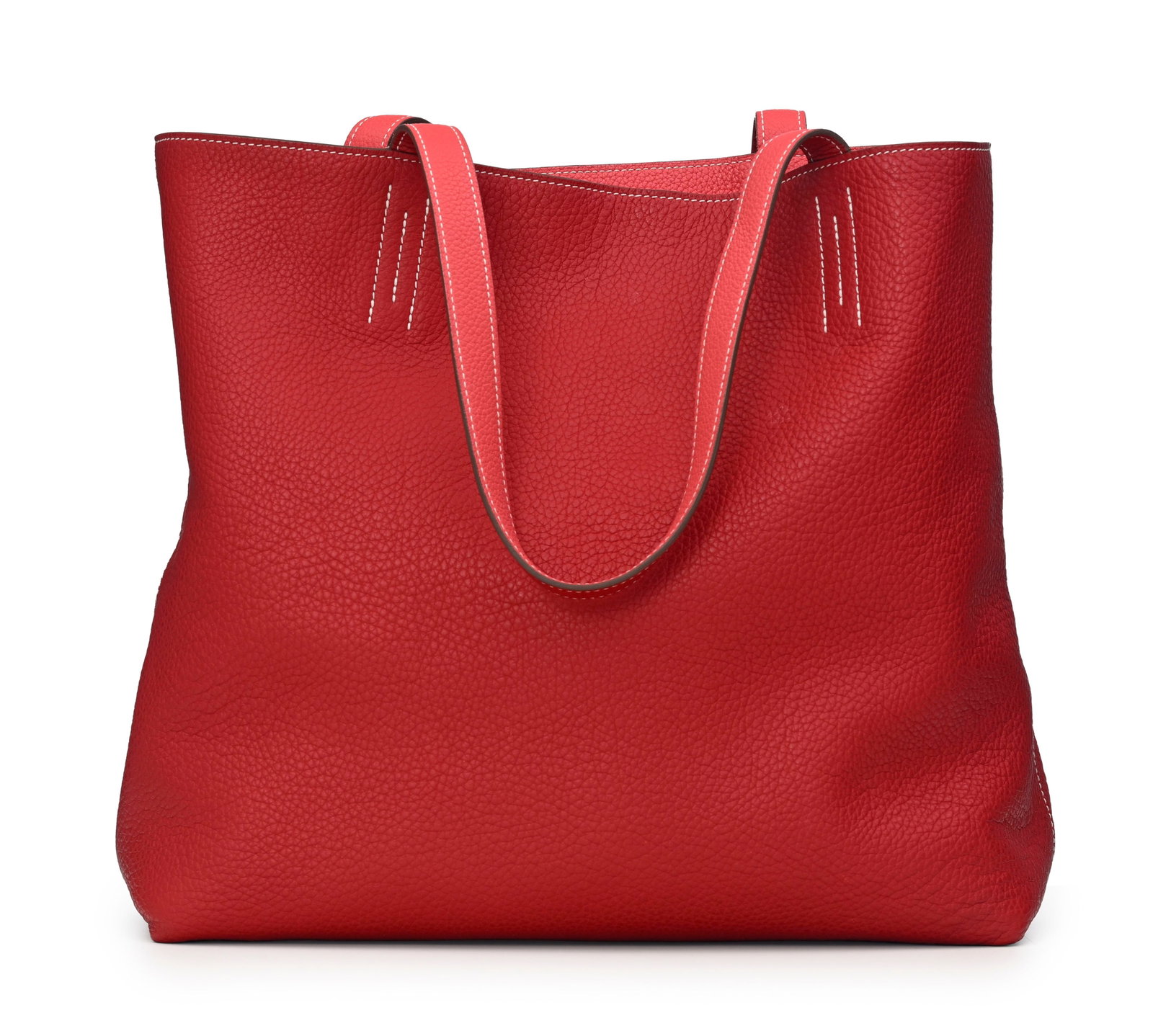 Hermès, sac Double Sens en cuir Clémence rouge et corail, piqué sellier blanc, housse: Hermès, sac Double Sens en cuir Clémence rouge et corail, piqué sellier blanc, housse, 32x35 cm Condition Côté rouge: Quelques traces de stylo bic à un angle autrement,