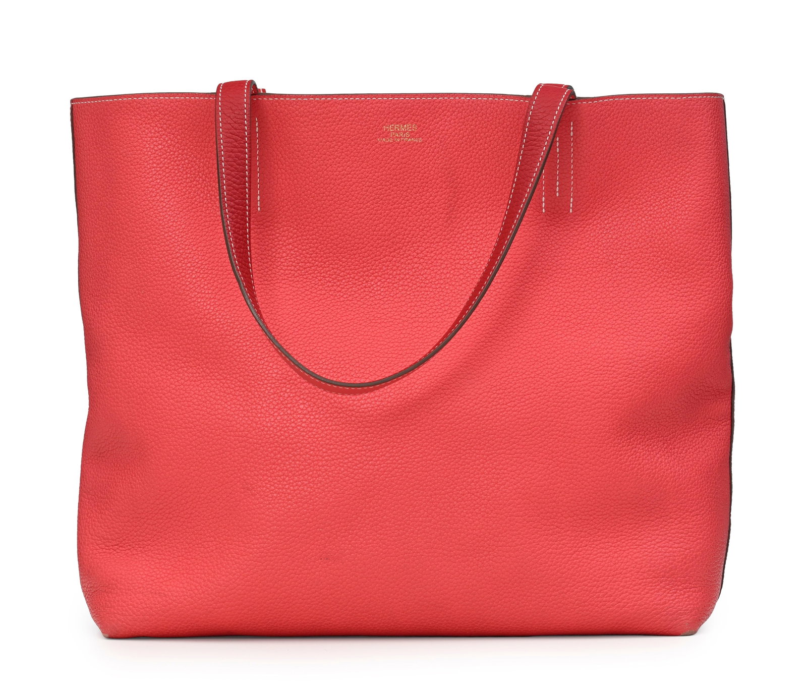 Hermès, sac Double Sens en cuir Clémence rouge et corail, piqué sellier blanc, housse - 2