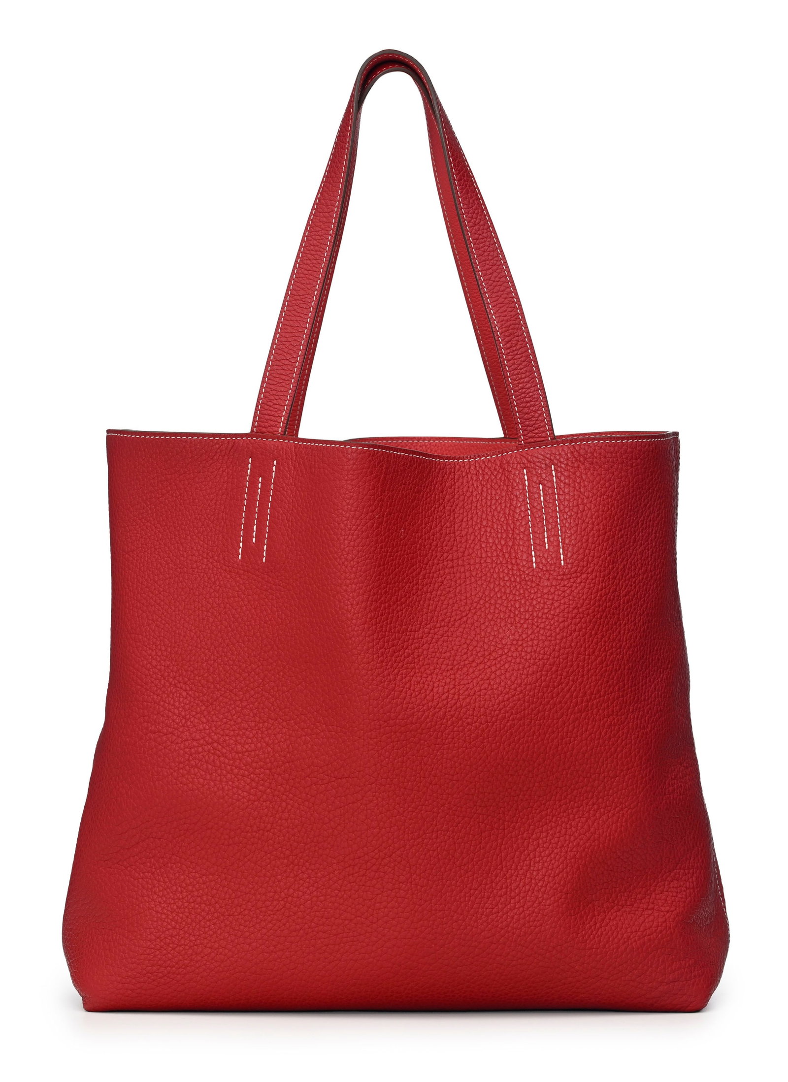 Hermès, sac Double Sens en cuir Clémence rouge et corail, piqué sellier blanc, housse - 3