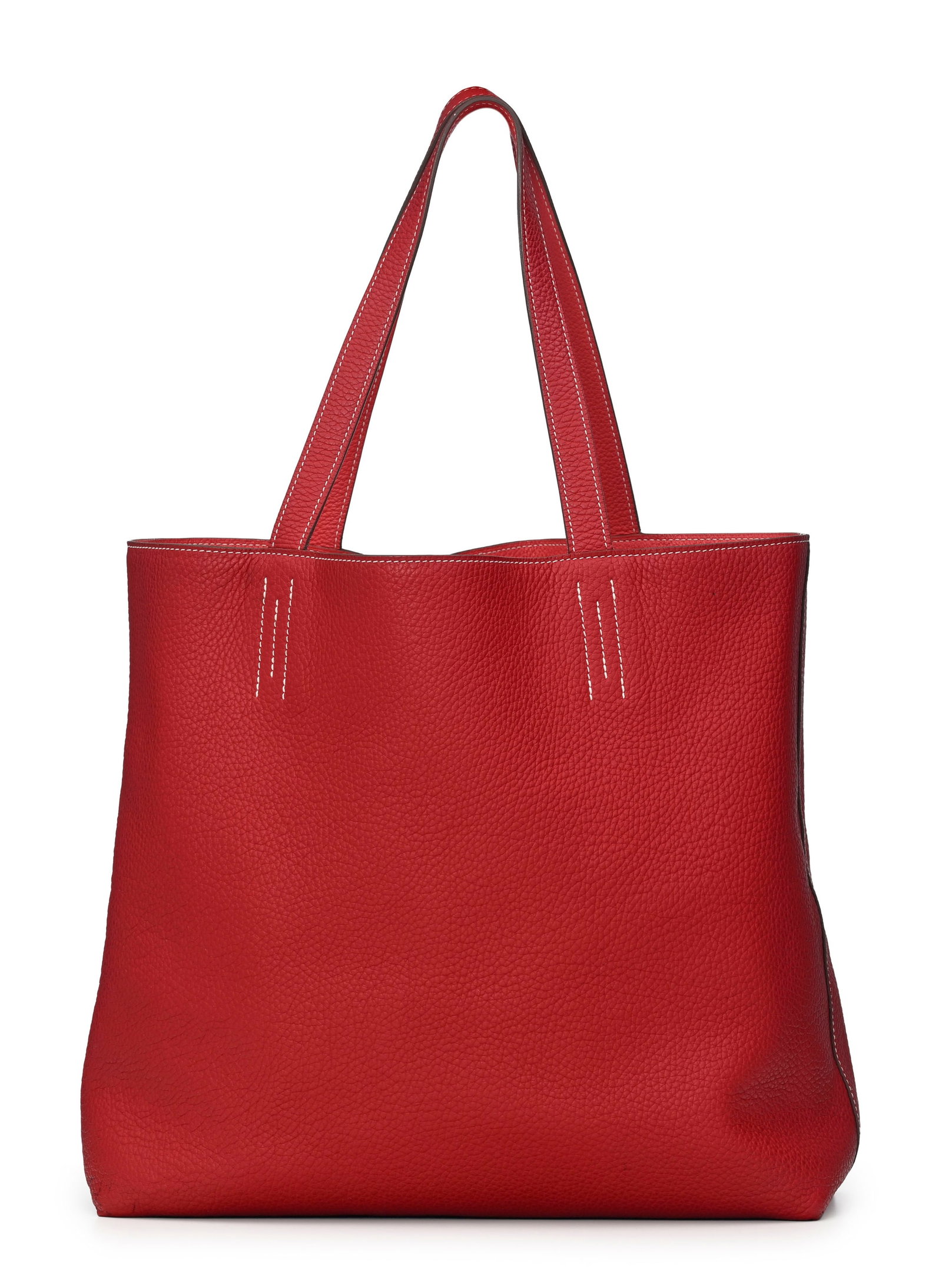 Hermès, sac Double Sens en cuir Clémence rouge et corail, piqué sellier blanc, housse - 5