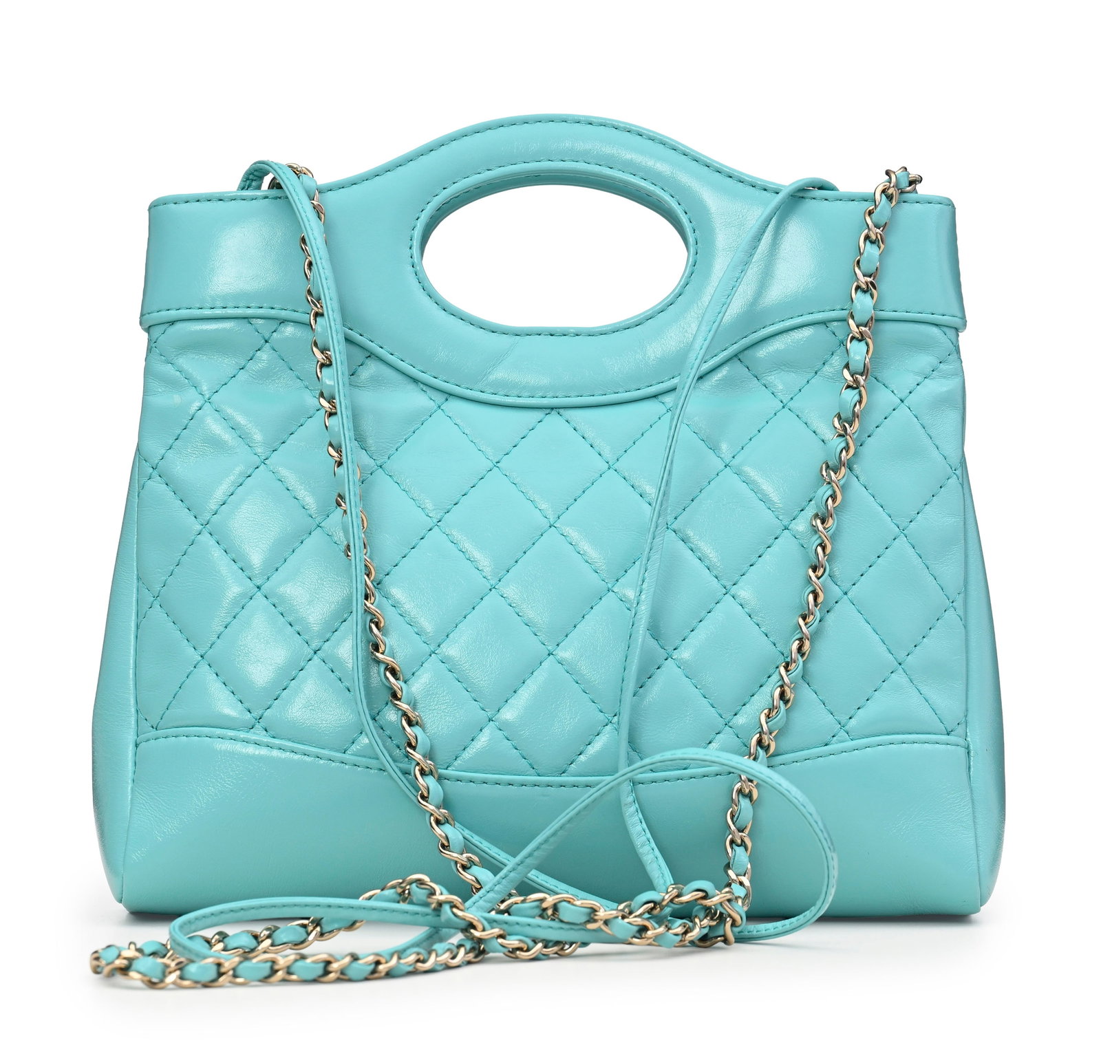 Chanel, sac 31 Mini Tote en cuir brillant turquoise, double bandoulière en cuir simple et à - 2