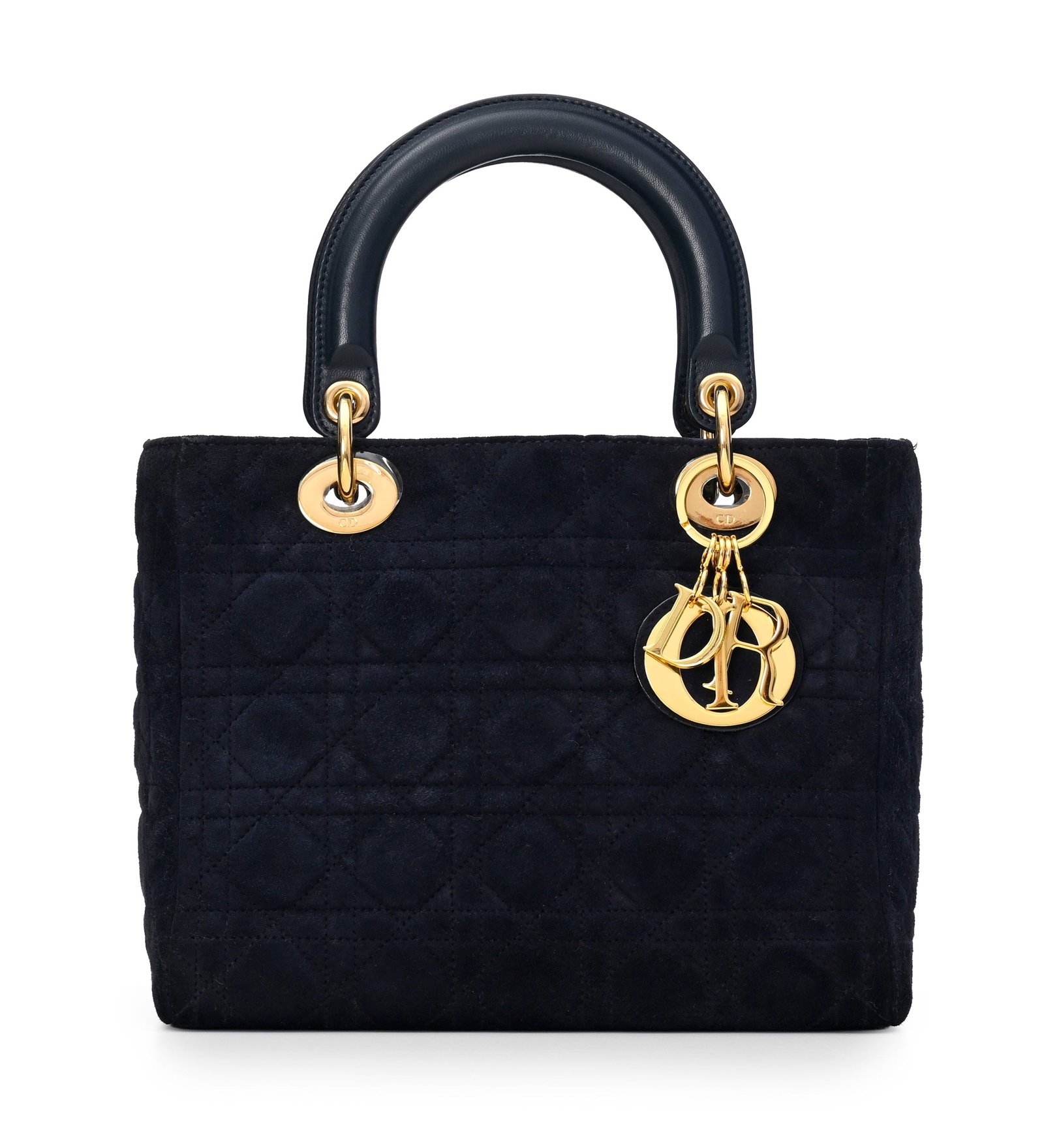 Christian Dior, sac Lady Dior Medium en daim bleu nuit matelassé cannage, charmes D.I.O.R., poi (1 of 3)
