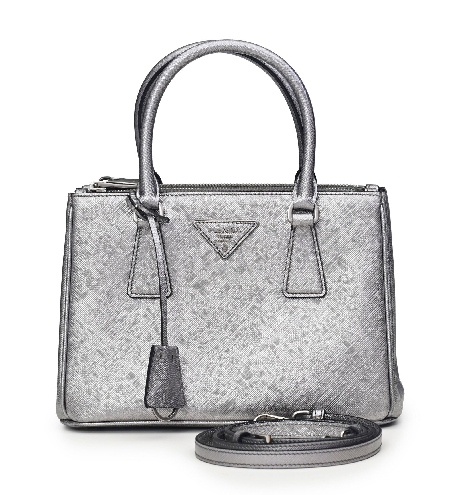 Prada, sac Galleria Mini saffiano tote en cuir métallisé platine, bandoulière, housse - 2
