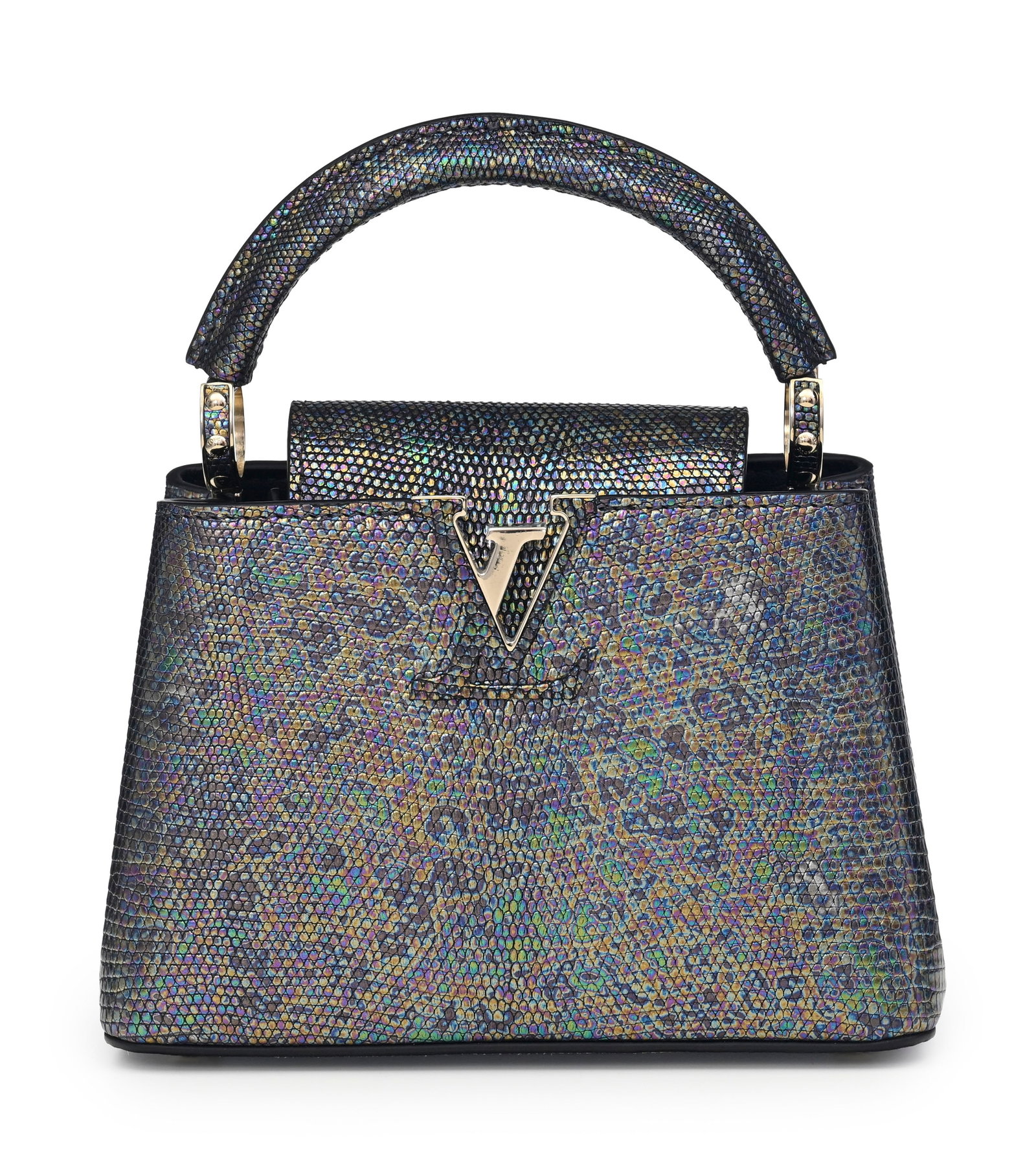 Louis Vuitton, sac Capucines en lézard Varane gris métallisé, édition limité: Louis Vuitton, sac Capucines en lézard Varane gris métallisé, édition limitée, bandoulière, housse, boîte, 15x20 cm + Des restrictions d’exportation ou