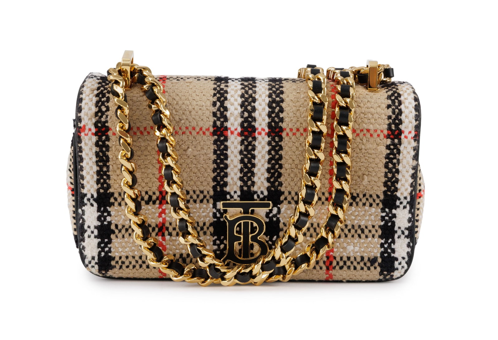 Burberry, sac mini Lola en tweed avec finitions en cuir noir, rabat avec fermoir TB, longue bandouli: Burberry, sac mini Lola en tweed avec finitions en cuir noir, rabat avec fermoir TB, longue bandoulière à chaînette et cuir entrelacé, 11x18 cm Condition Très bon état