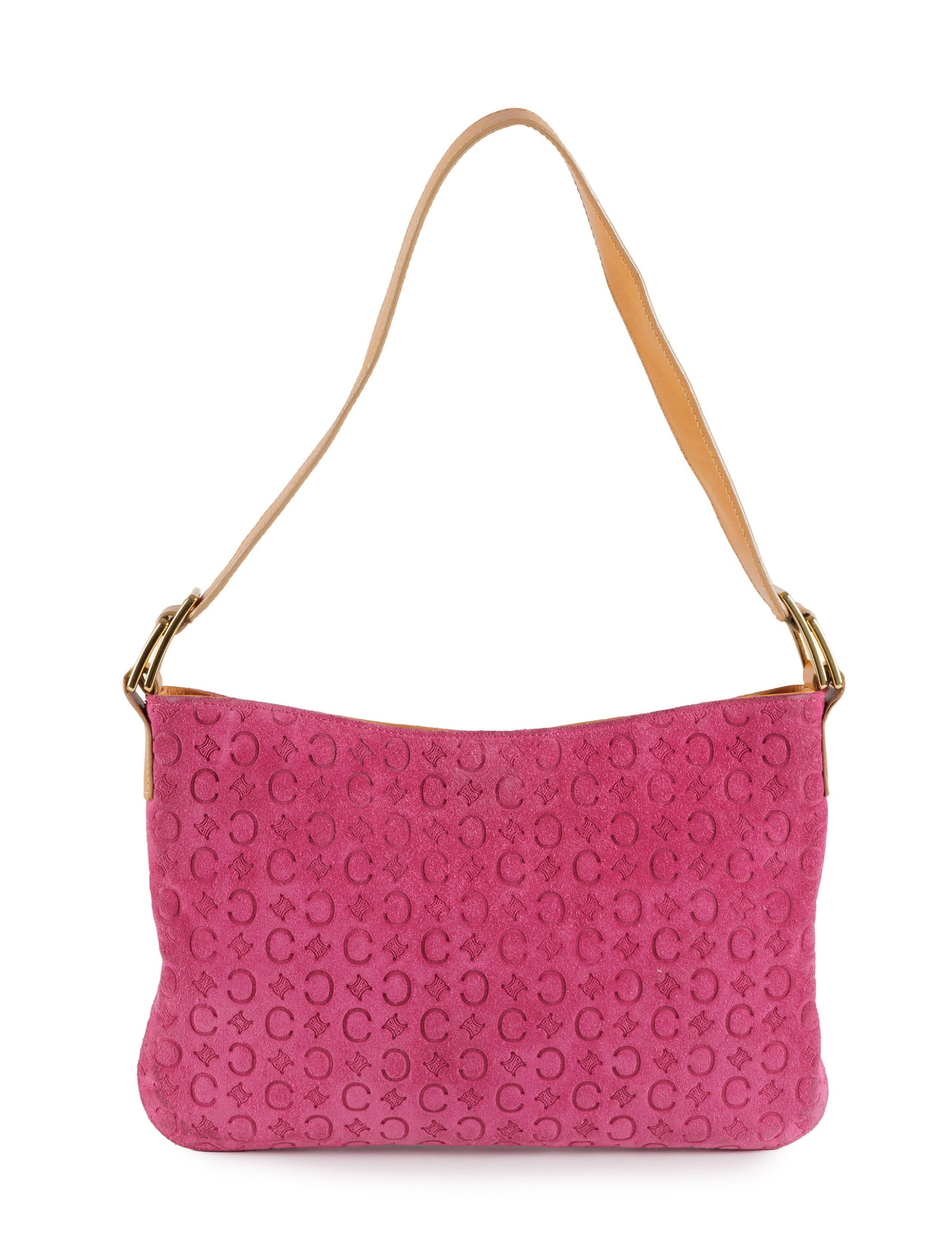 Céline, sac porté épaule en daim rose fuchsia Monogram empreinte, bandoulière en: Céline, sac porté épaule en daim rose fuchsia Monogram empreinte, bandoulière en cuir naturel, 20x28 cm Condition Bon état de conservation général Daim