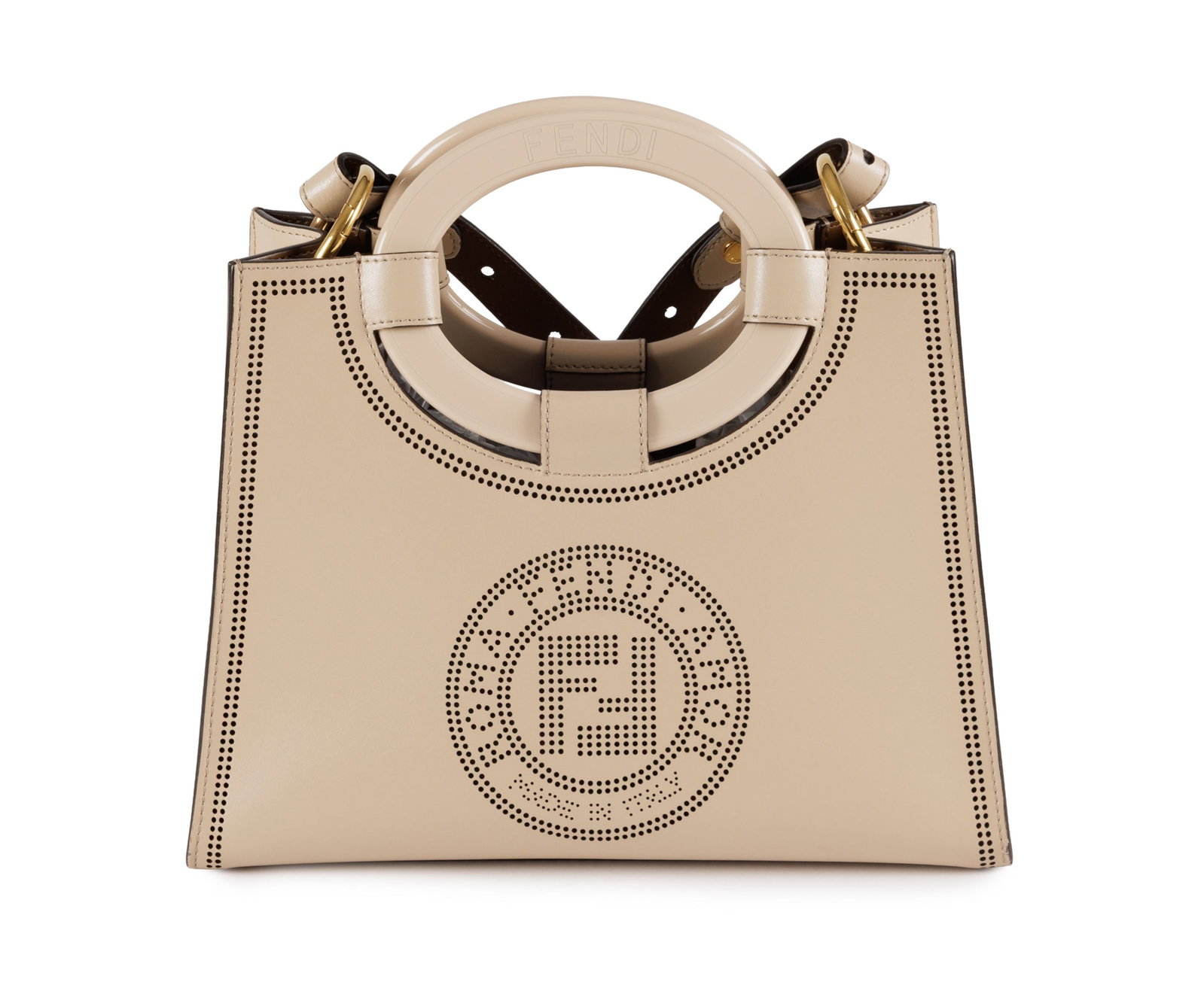 Fendi, sac Runaway Shopping Tote en cuir beige perforée Fendi Roma, poignées en plexi, ban: Fendi, sac Runaway Shopping Tote en cuir beige perforée Fendi Roma, poignées en plexi, bandoulière, housse, 21x27,5 cm Condition Très bon état de conservation Peu porté