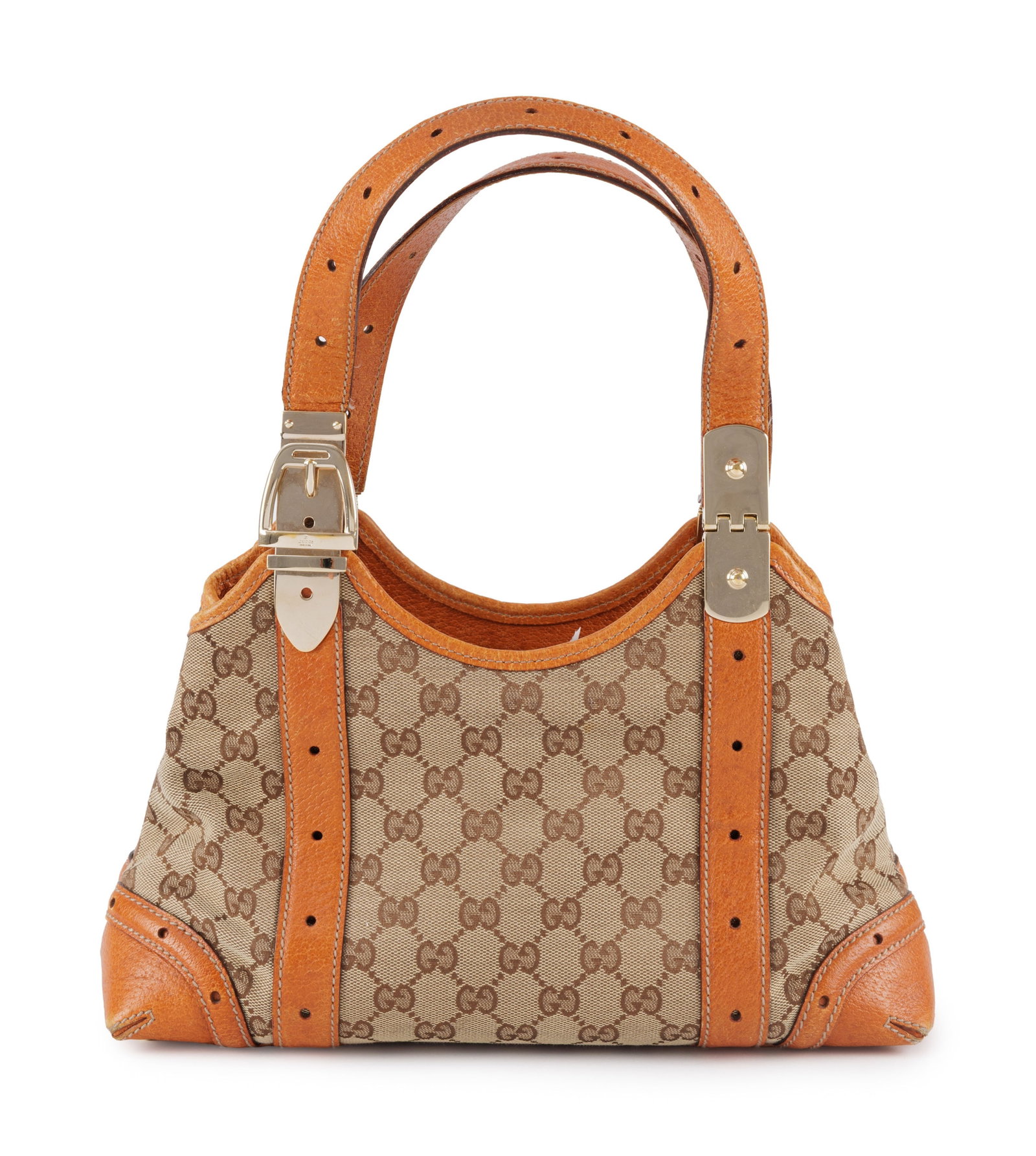 Gucci, sac Glam Buckle Tote en toile Guccissima et pécari roux, 20x31 cm: Gucci, sac Glam Buckle Tote en toile Guccissima et pécari roux, 20x31 cm Condition Moyen état de conservation Usures aux angles Deux petites taches à l'intérieur