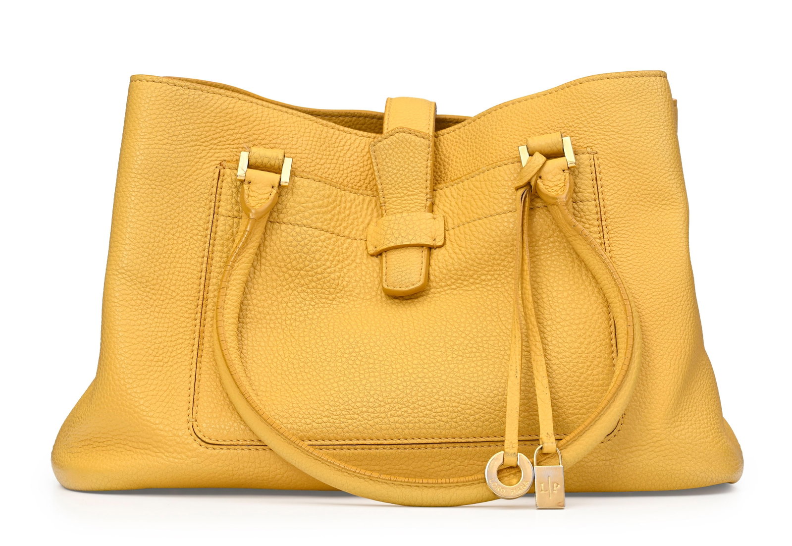 Loro Piana, sac Bellevue tote en cuir grainé jaune, bouclerie dorée, housse, 23x37 cm: Loro Piana, sac Bellevue tote en cuir grainé jaune, bouclerie dorée, housse, 23x37 cm Condition Moyen à bon état de conservation Ce sac a été porté