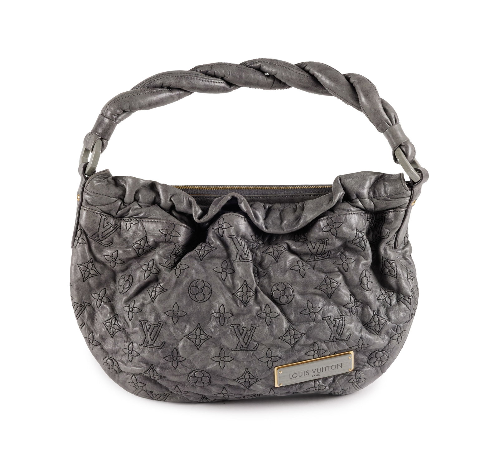 Louis Vuitton, sac Olympe Nimbus en cuir Anthracite cousu du Monogram, housse, 24x35 cm: Louis Vuitton, sac Olympe Nimbus en cuir Anthracite cousu du Monogram, housse, 24x35 cm Condition Excellent état de conservation Intérieur propre Légère odeur de fumée froide