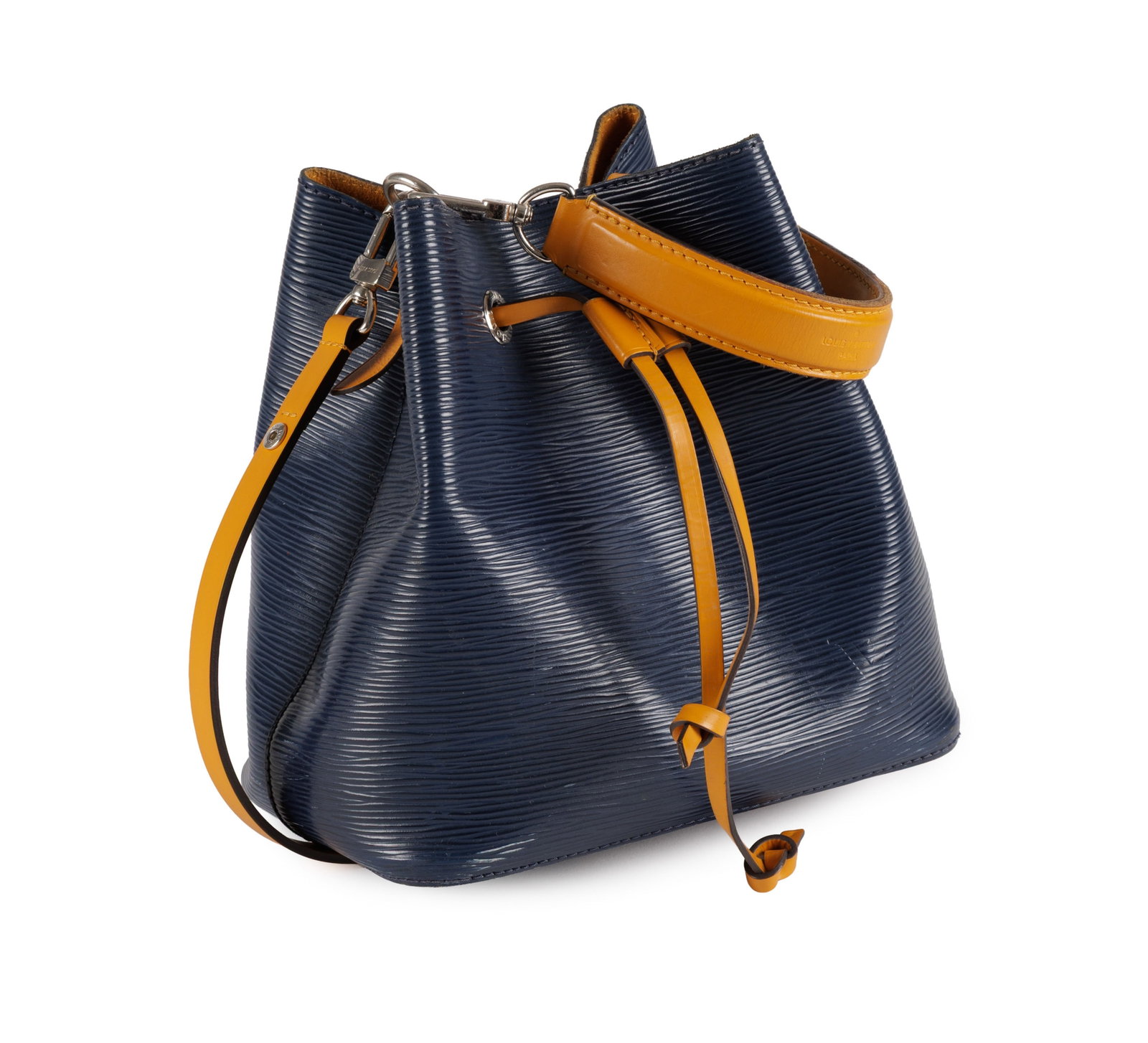 Louis Vuitton, Néo Noé en cuir épi bicolore bleu marine et cuir lisse ambre, poign: Louis Vuitton, Néo Noé en cuir épi bicolore bleu marine et cuir lisse ambre, poignée et bandoulière, 20x20 cm Condition Moyen état de conservation - nécessite un