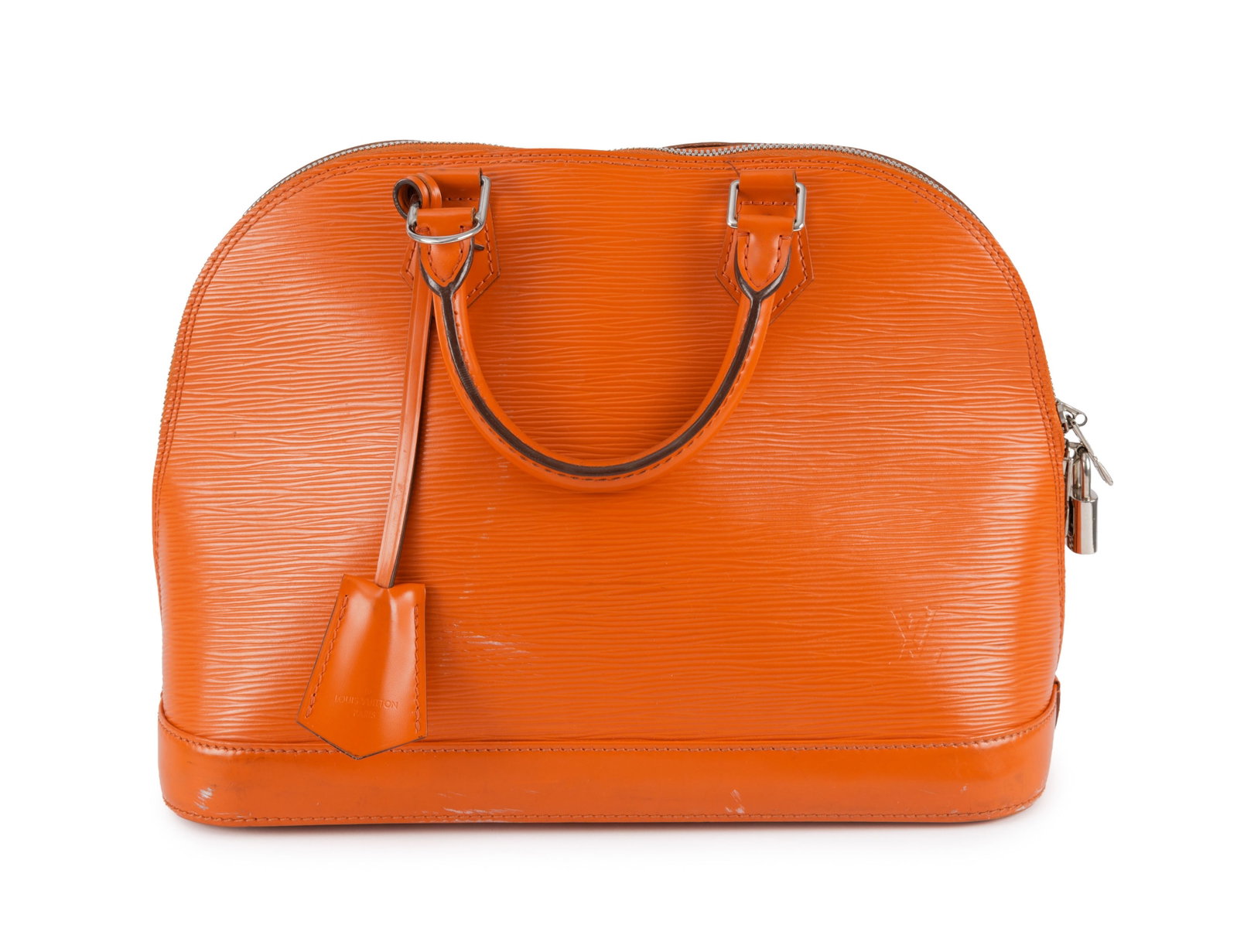 Louis Vuitton, sac Alma en cuir épi orange, bouclerie de couleur argent, tirette et clochette a: Louis Vuitton, sac Alma en cuir épi orange, bouclerie de couleur argent, tirette et clochette avec 2 clefs, cadenas, 21x31 cm Condition Moyen état de conservation - nécessite un