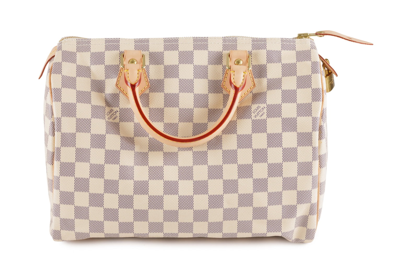 Louis Vuitton, sac Speedy 30 en toile damier azur, 2 clefs et cadenas, housse, facture, 20x30 cm: Louis Vuitton, sac Speedy 30 en toile damier azur, 2 clefs et cadenas, housse, facture, 20x30 cm Condition Excellent état de conservation cuir naturel comme neuf
