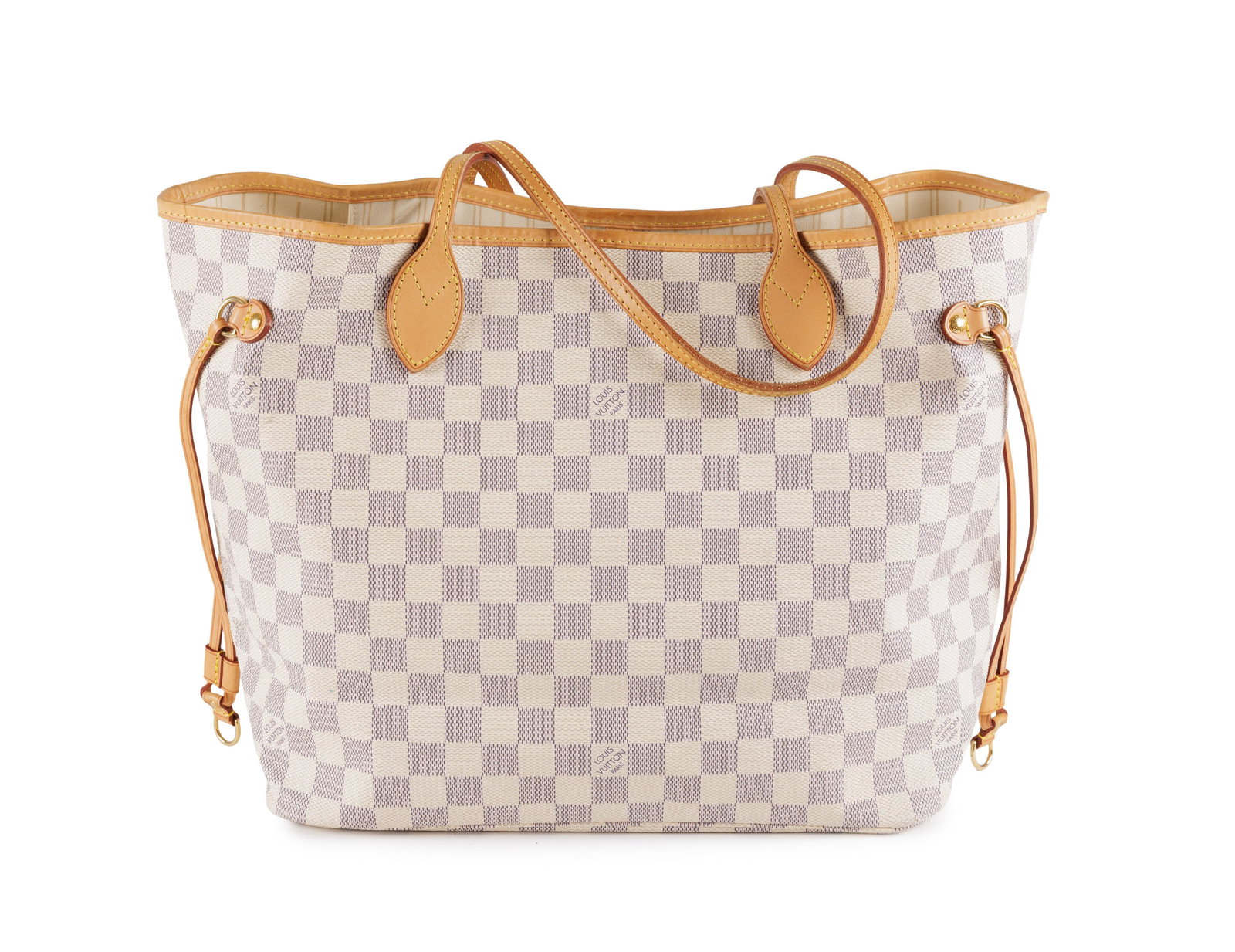 Louis Vuitton, sac Neverfull MM en toile enduite damier azur et cuir naturel, 27x32 cm: Louis Vuitton, sac Neverfull MM en toile enduite damier azur et cuir naturel, 27x32 cm Condition Très bon état de conservation Intérieur clair avec légères salissures sur le