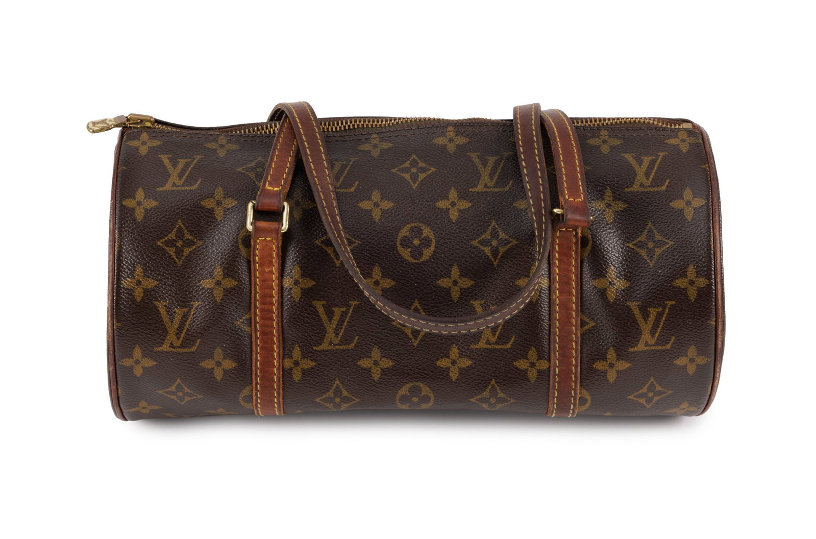 Louis Vuitton, sac Papillon en toile enduite Monogram et cuir naturel, 14,5x30 cm: Louis Vuitton, sac Papillon en toile enduite Monogram et cuir naturel, 14,5x30 cm Condition Moyen état de conservation Le cuir naturel est marron foncé Intérieur très taché