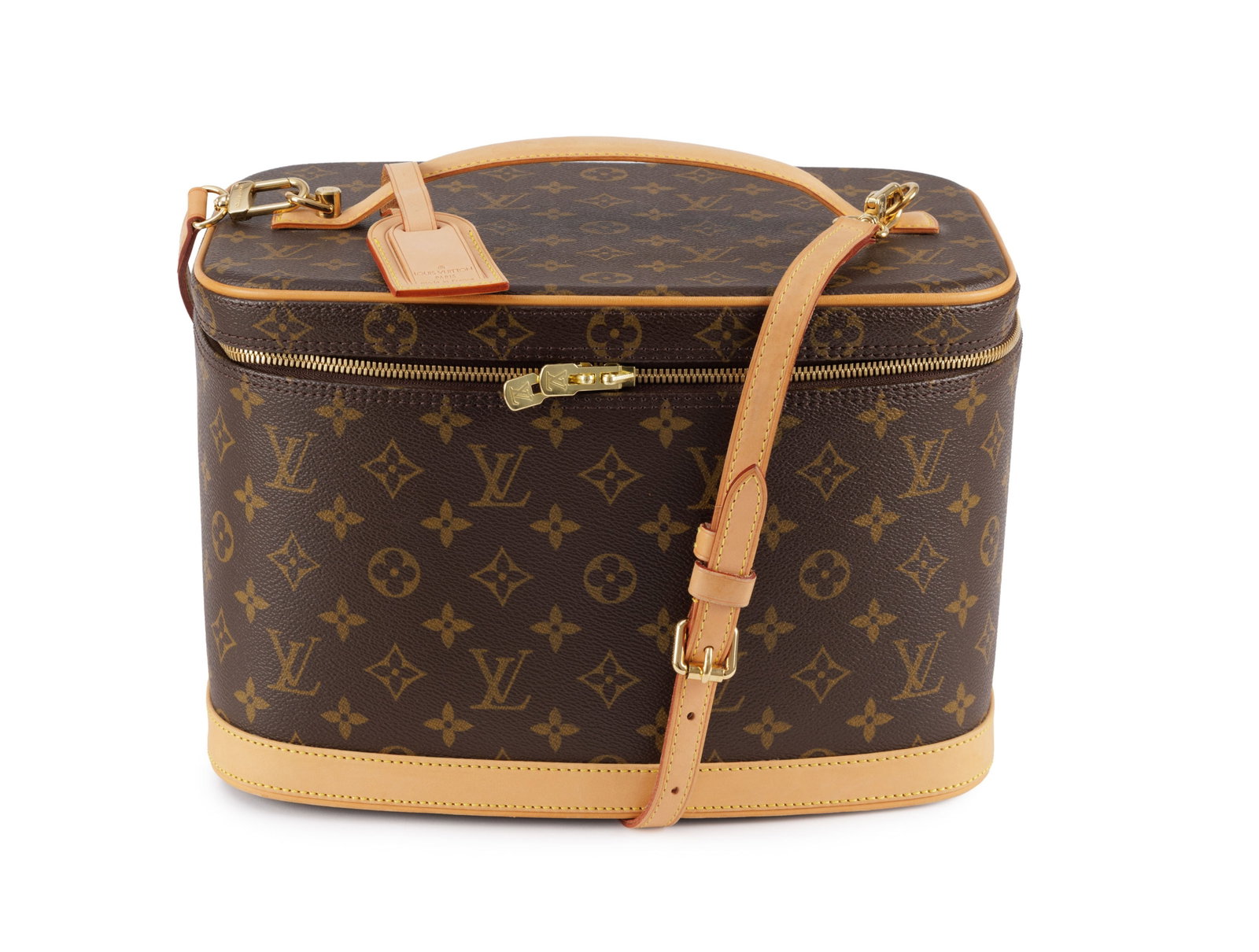 Louis Vuitton, vanity Nice en toile enduite Monogram et cuir naturel, poignée sur le dessus, av: Louis Vuitton, vanity Nice en toile enduite Monogram et cuir naturel, poignée sur le dessus, avec bandoulière fine en cuir, facture, 20,5x31 cm Condition Très bon état de conservat