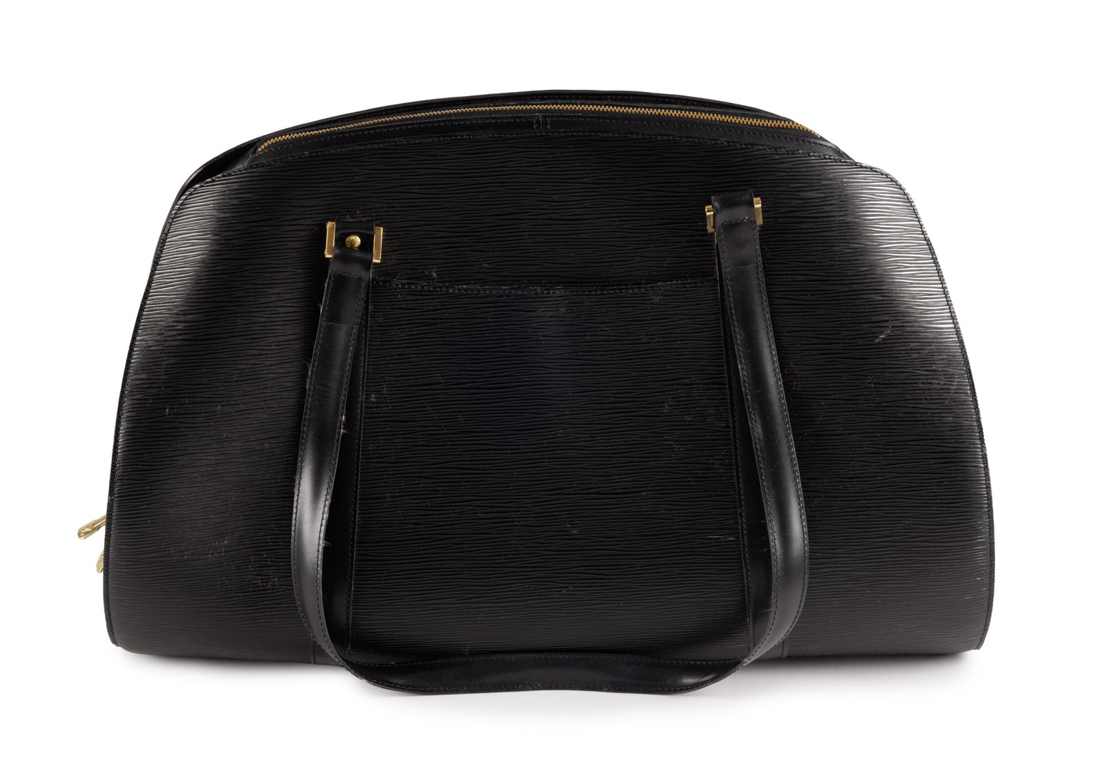 Louis Vuitton, sac Solferino 50 en cuir épi noir, housse, 30x50 cm: Louis Vuitton, sac Solferino 50 en cuir épi noir, housse, 30x50 cm Condition Moyen à bon état de conservation Présence de griffures au cuir Intérieur en alcantara gris avec