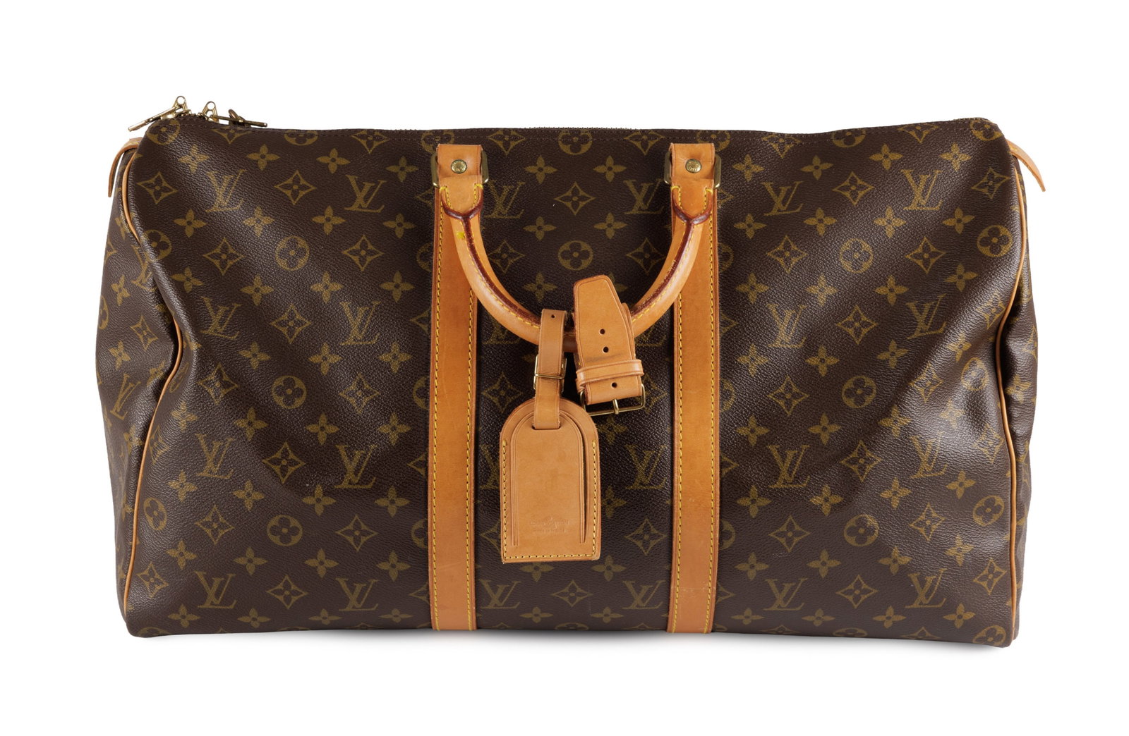 Louis Vuitton, sac Keepall 50 en toile enduite Monogram et cuir naturel, cadenas mais sans clefs, 26: Louis Vuitton, sac Keepall 50 en toile enduite Monogram et cuir naturel, cadenas mais sans clefs, 26x50 cm Condition Bon état de conservation général Taches au cuir naturel avec