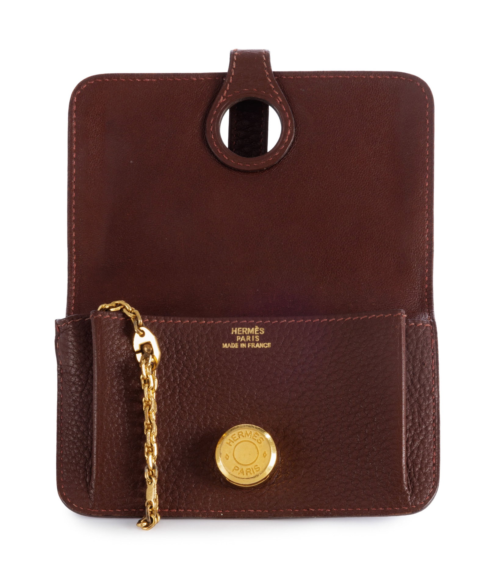 Hermès, Dogon porte clefs ou cartes en cuir grainé marron, année 1998, clous de selle - 3