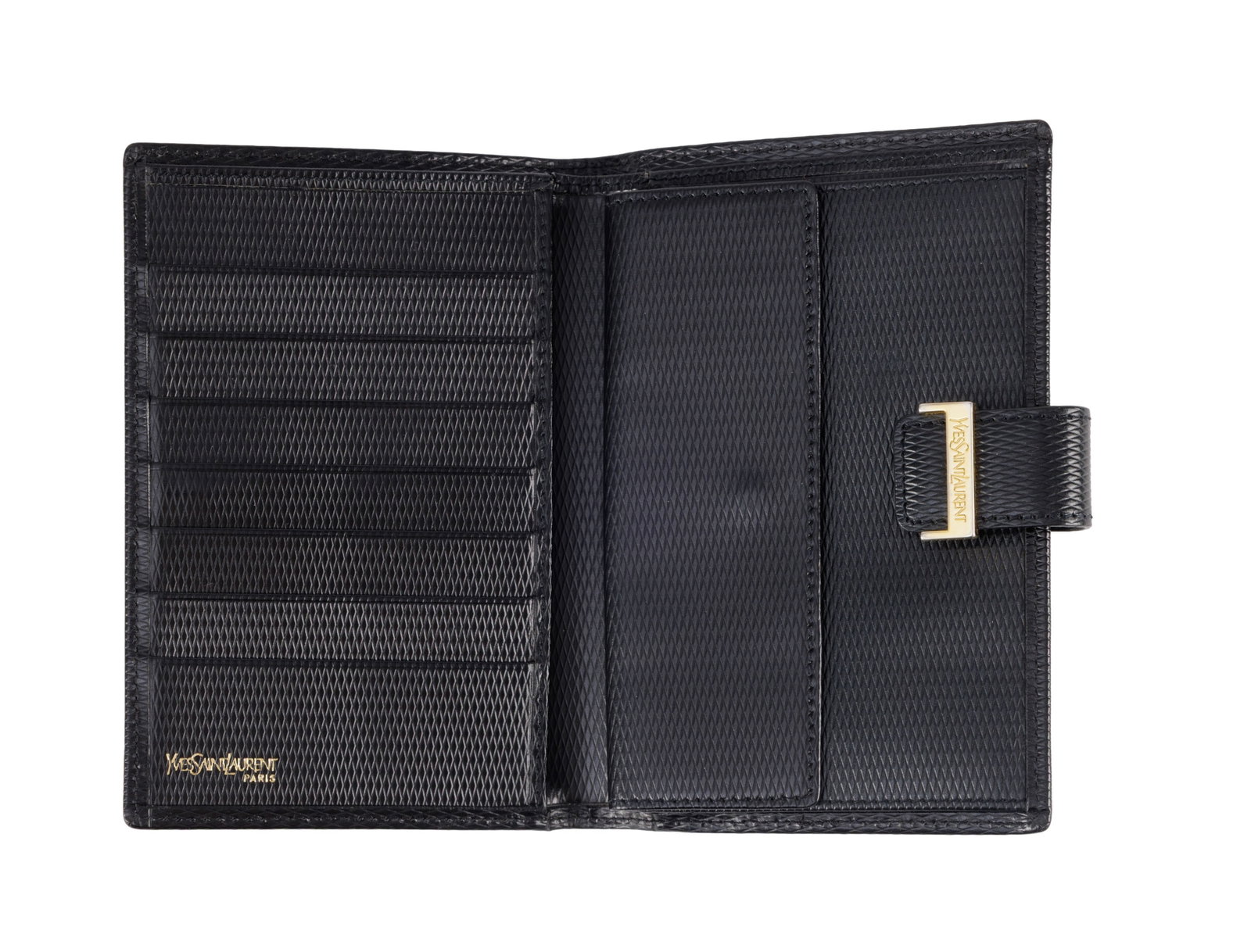 Yves Saint Laurent, porte feuille en cuir noir pressé façon vannerie, avec compartiment ca - 2