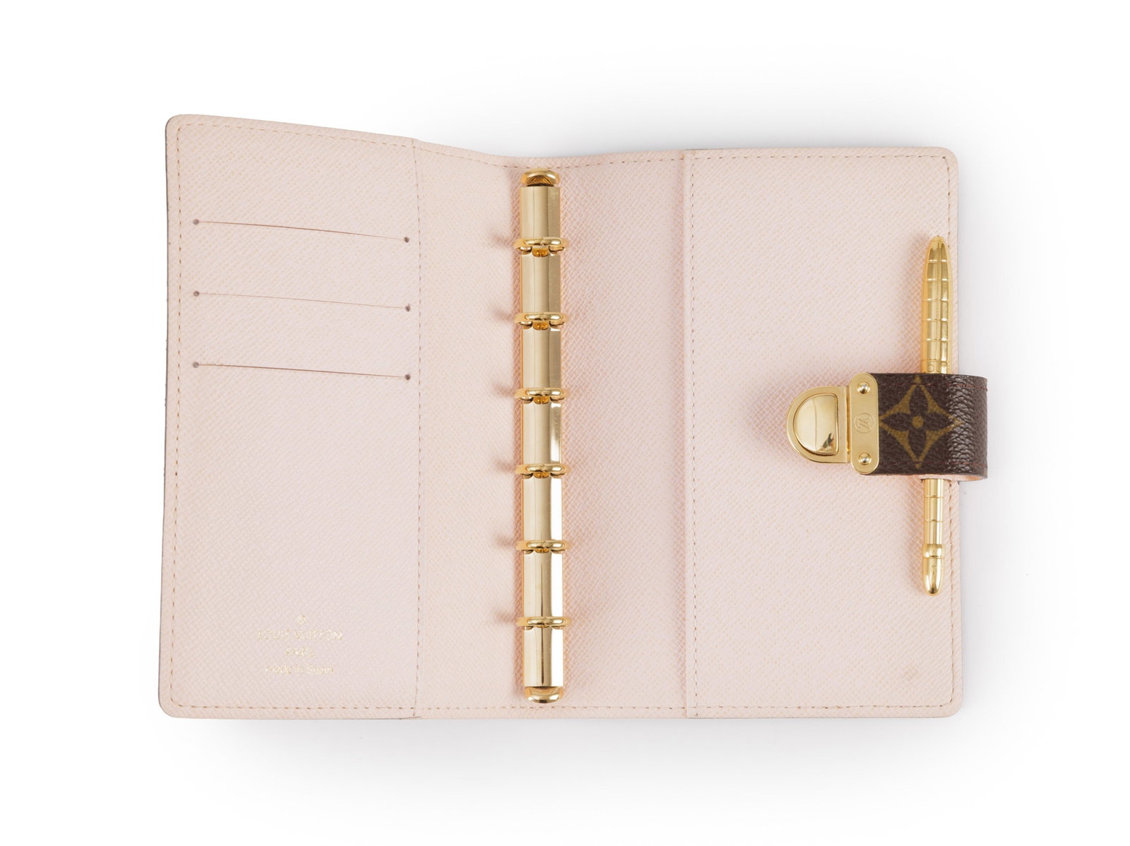 Louis Vuitton, porte agenda en toile enduite Monogram et crayon en métal doré Vuitton, int - 2