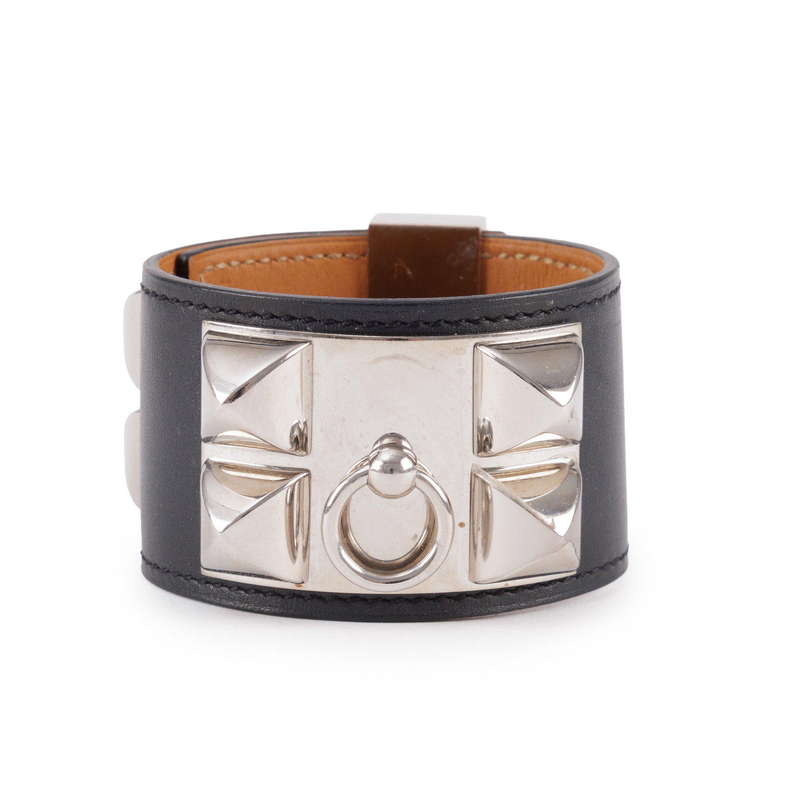 Hermès, bracelet Médor en cuir noir et métal palladium, année 2014, taille S: Hermès, bracelet Médor en cuir noir et métal palladium, année 2014, taille S